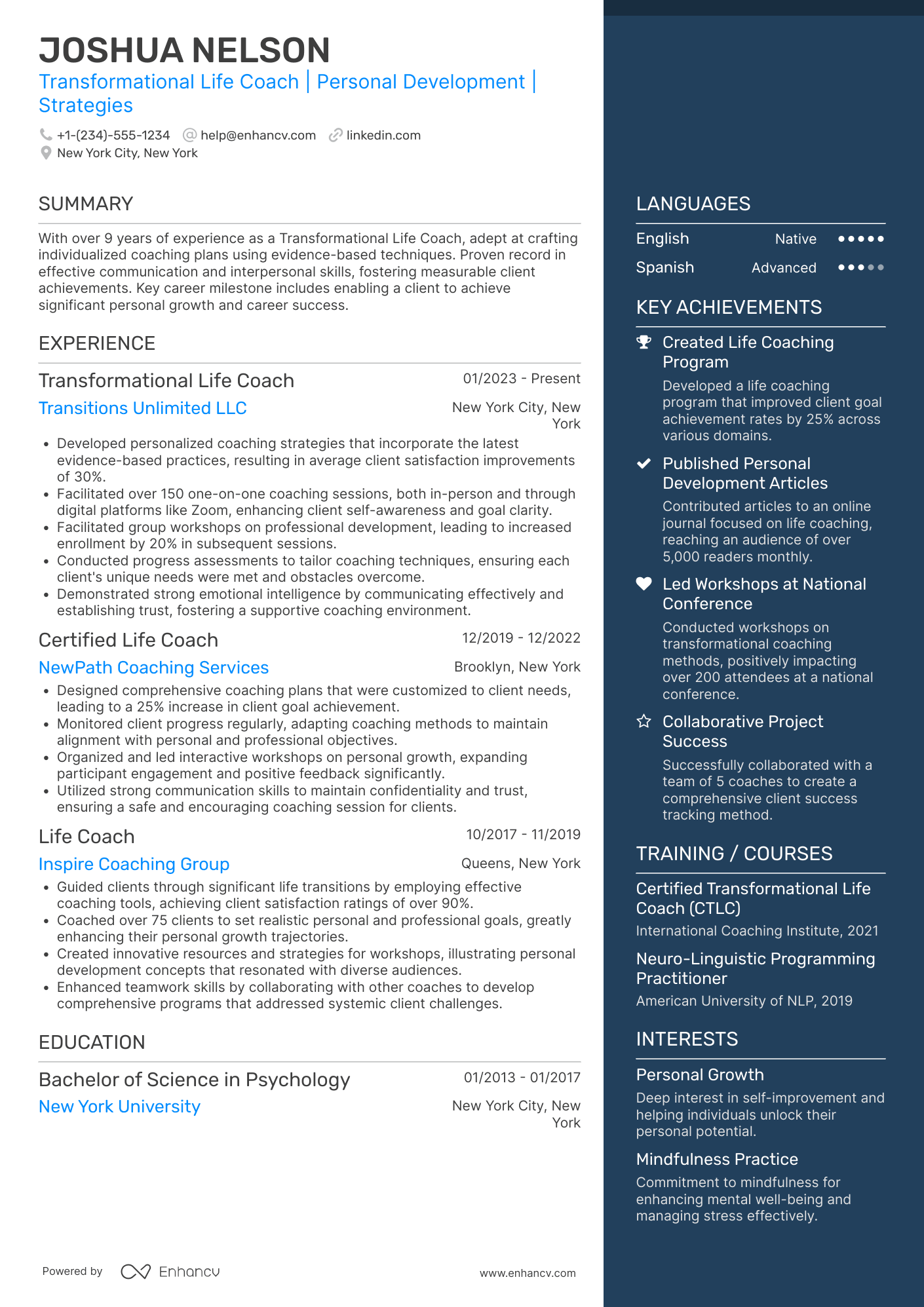 Transformational Life Coach Resume Example