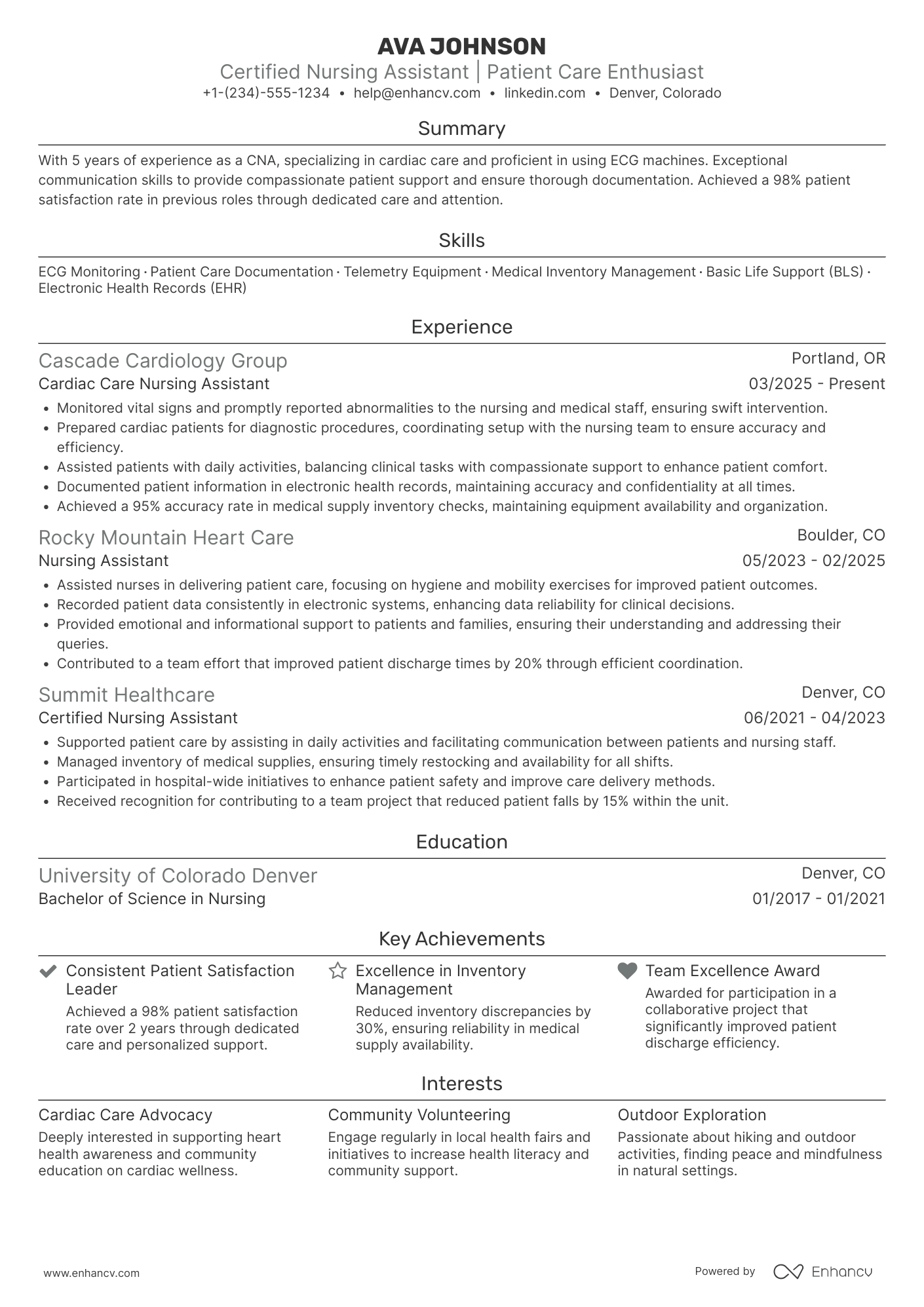 Cardiac Care Nursing Assistant Resume Example