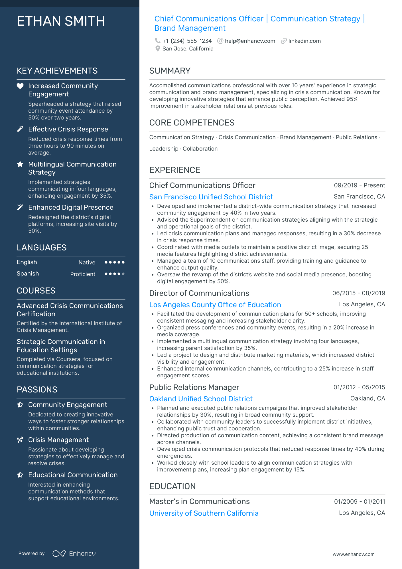 Chief Communications Officer in Education Resume Example