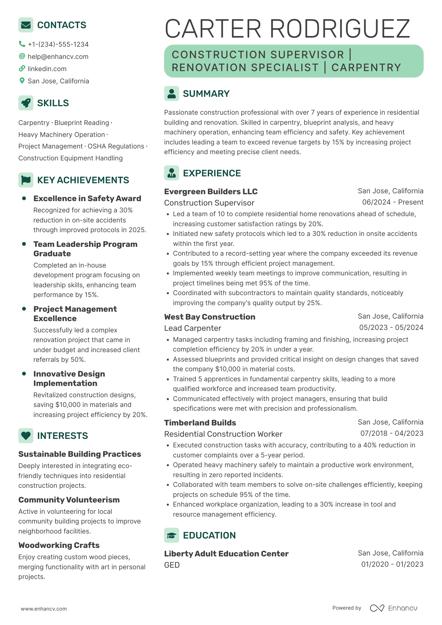 Residential Construction Worker Resume Example