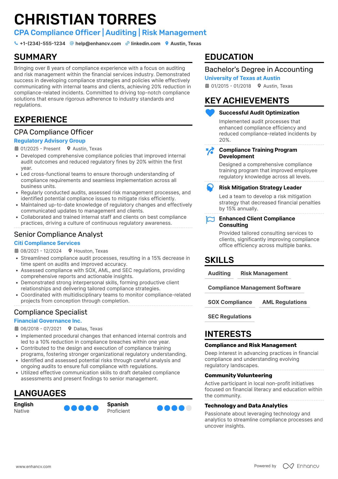 CPA Compliance Officer Resume Example