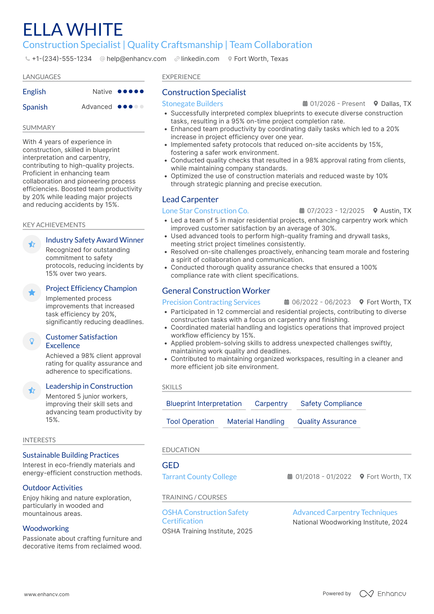 Skilled Construction Worker Resume Example