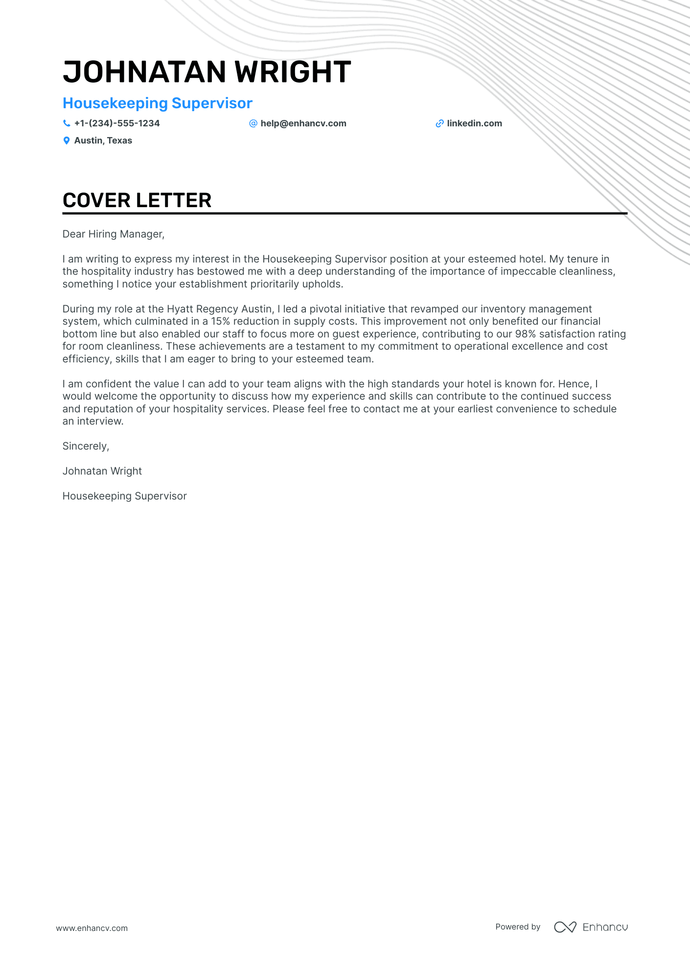 Housekeeping Supervisor Resume Example