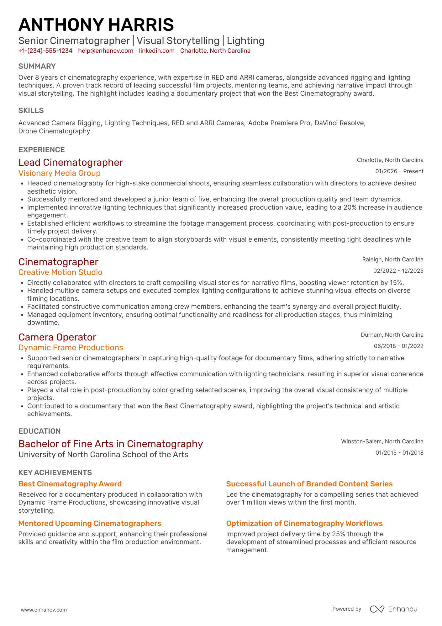 Senior Cinematographer Resume Example