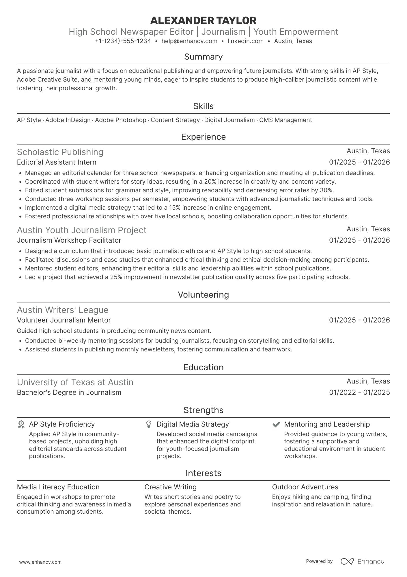 High School Student Newspaper Editor Resume Example