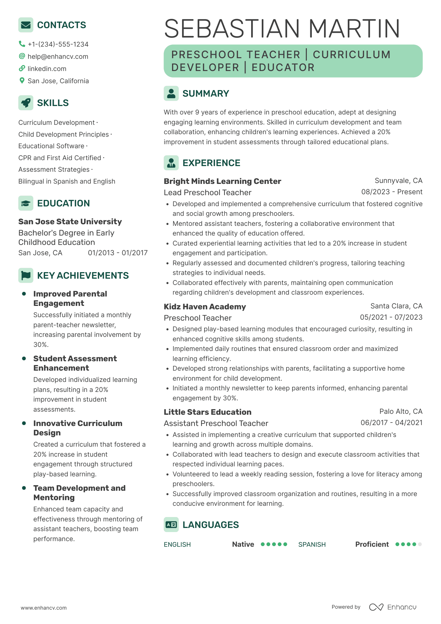 Lead Preschool Teacher Resume Example