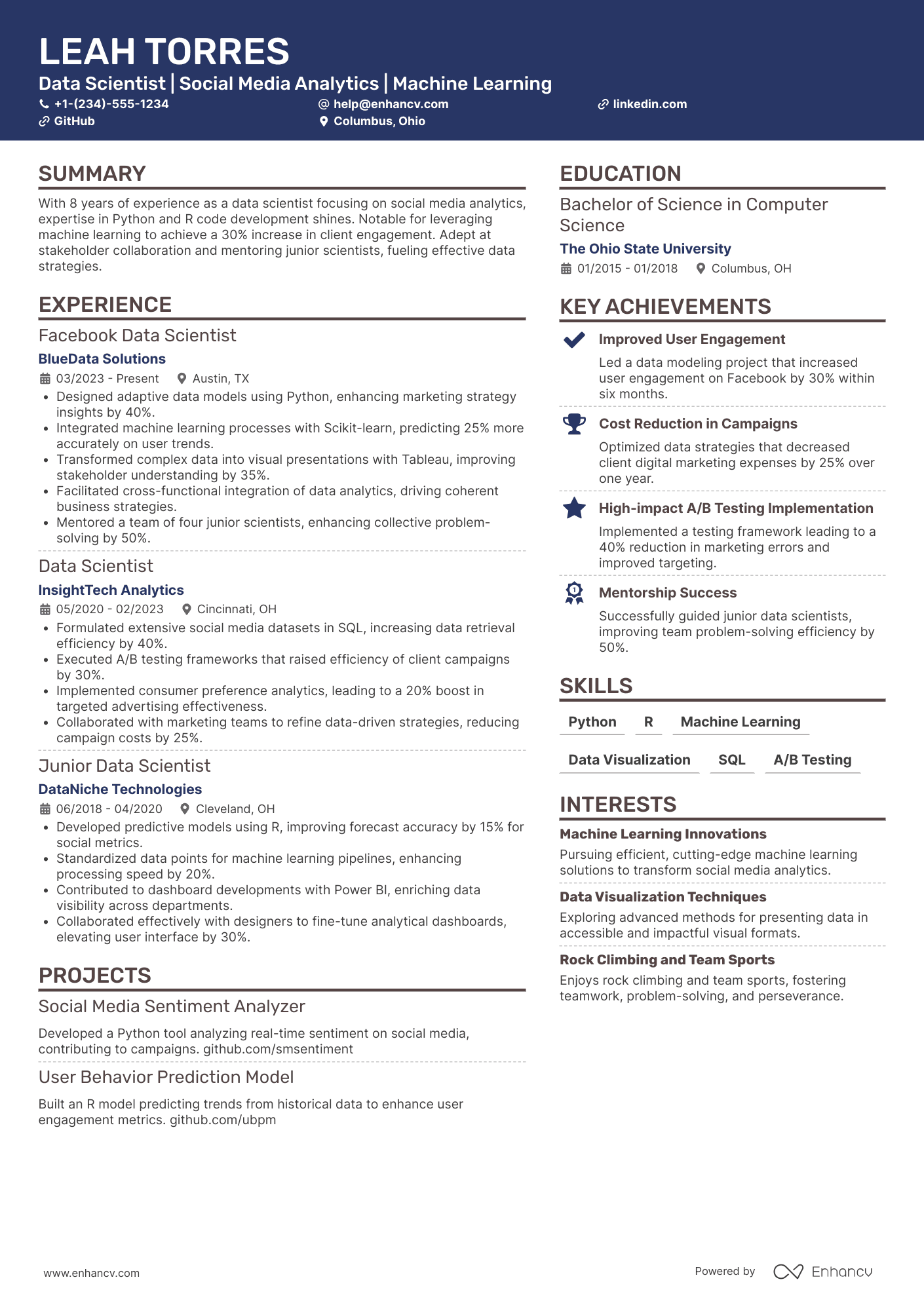 Facebook Data Scientist Resume Example