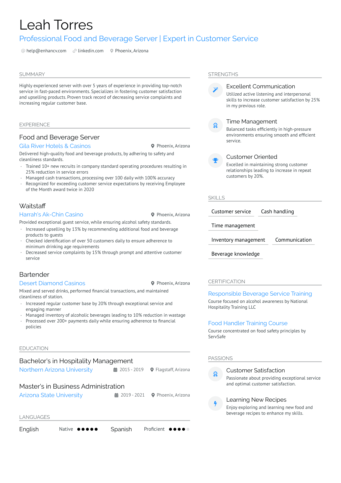 Cocktail Waitress Resume Example