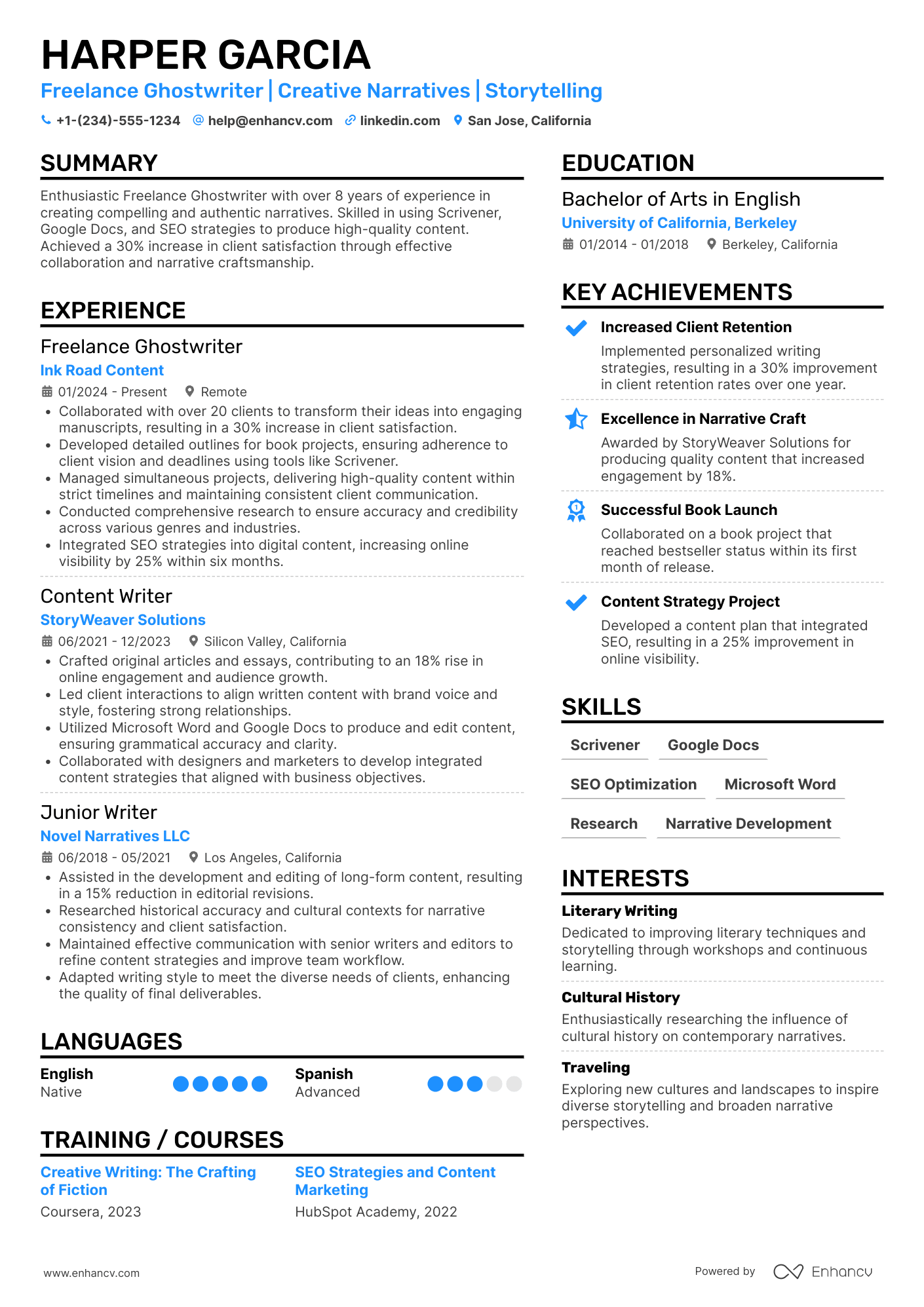 Freelance Ghostwriter Resume Example