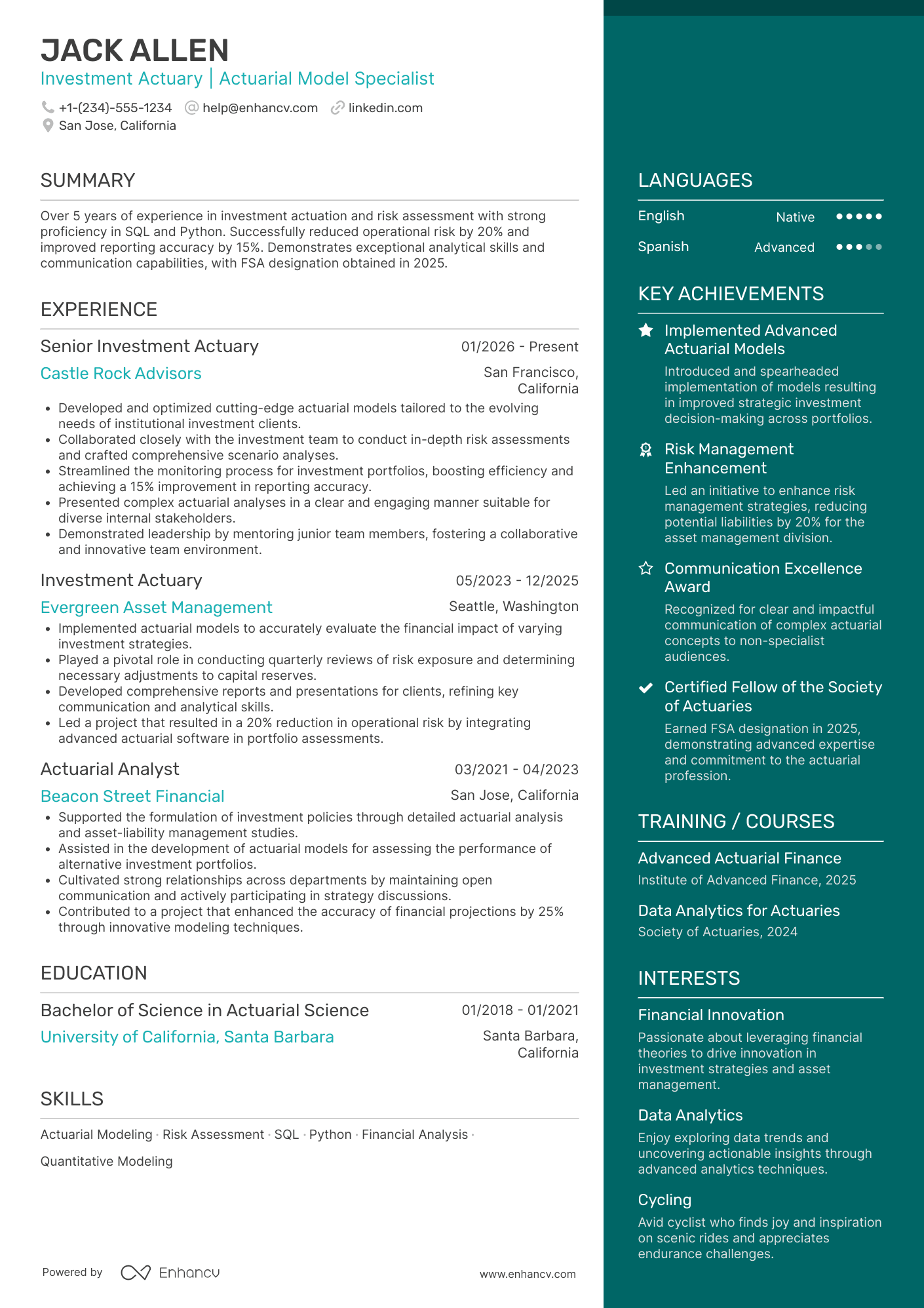 Investment Actuary Resume Example