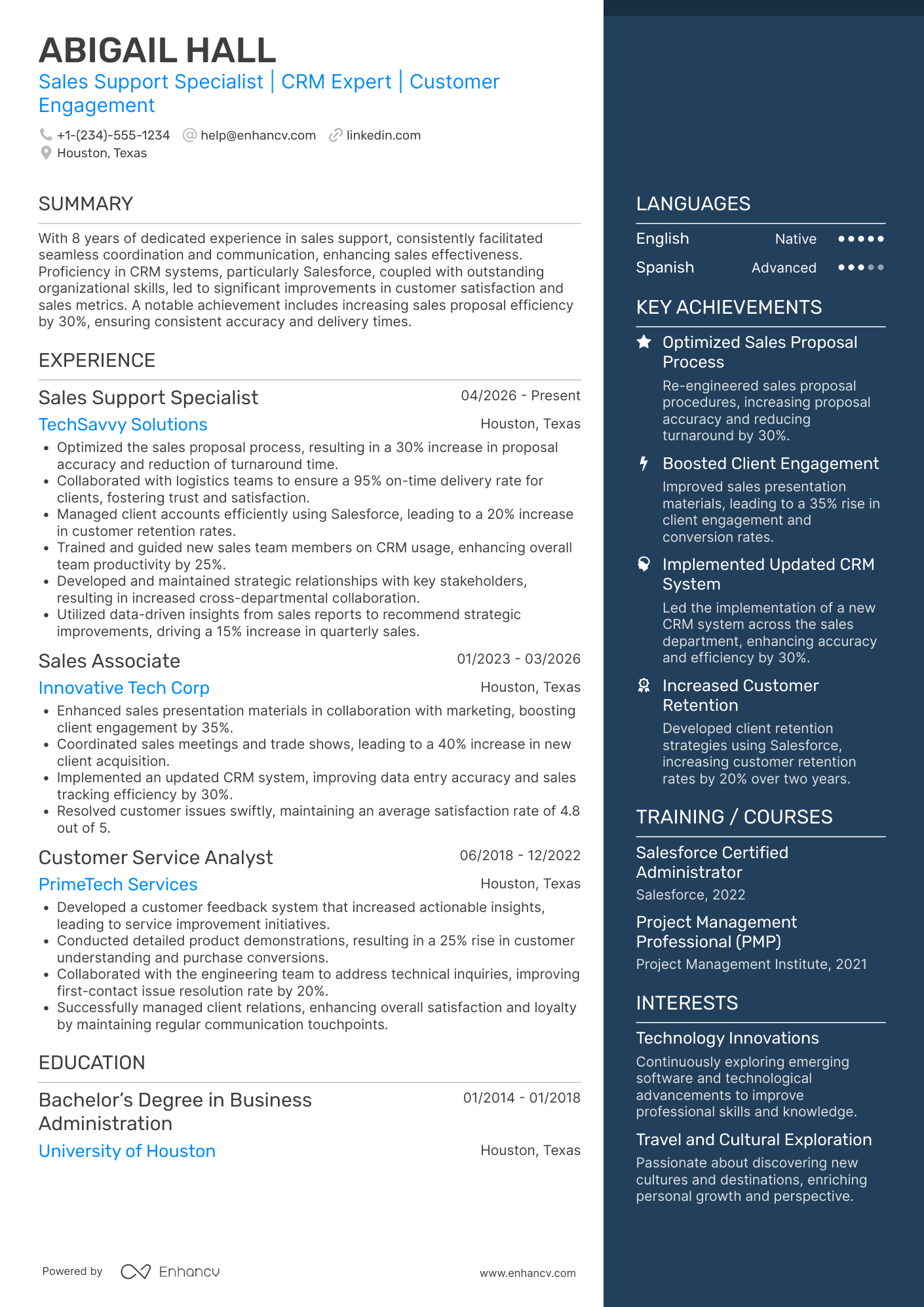 Sales Support Representative Resume Example