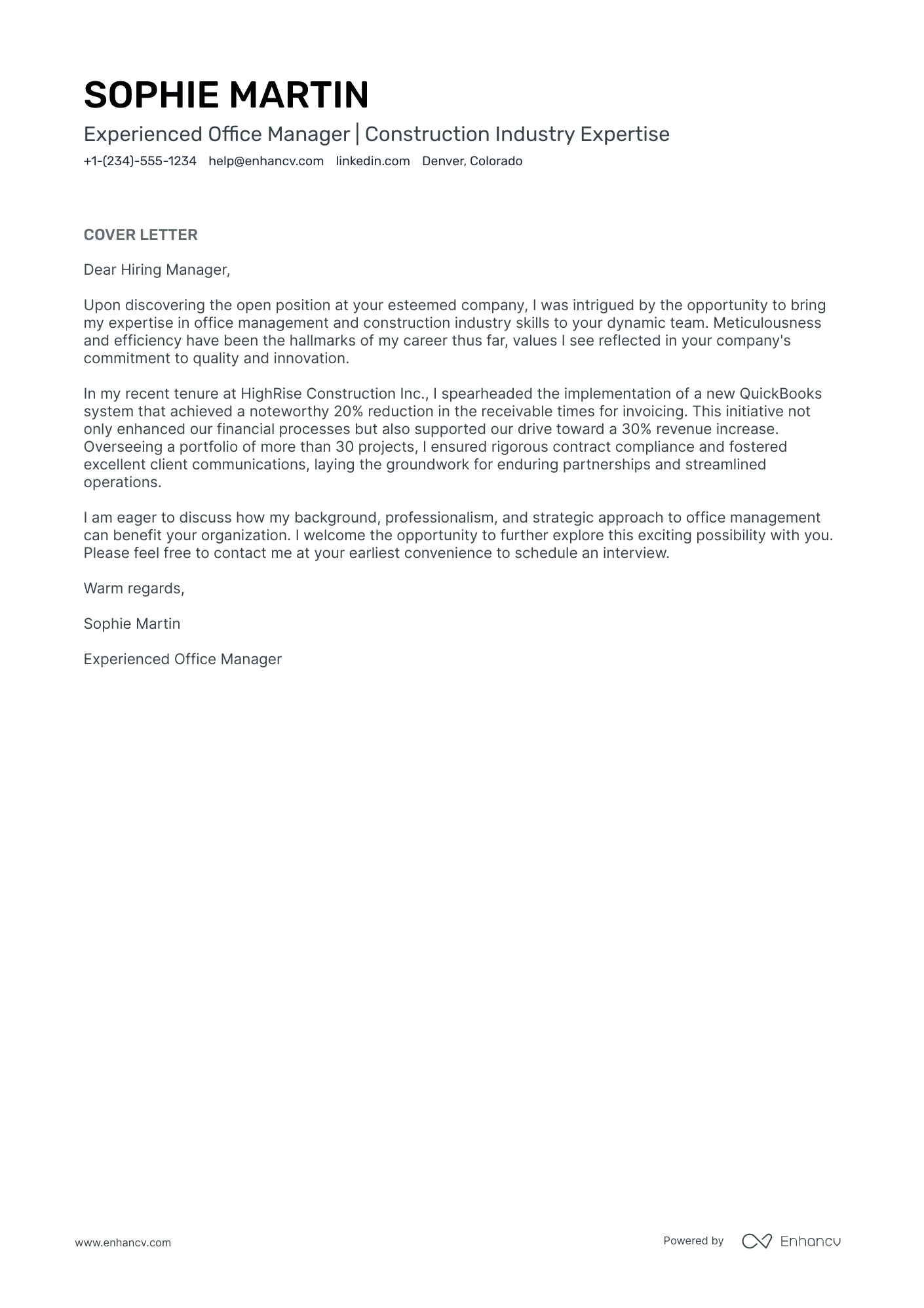 Construction Office Manager Resume Example
