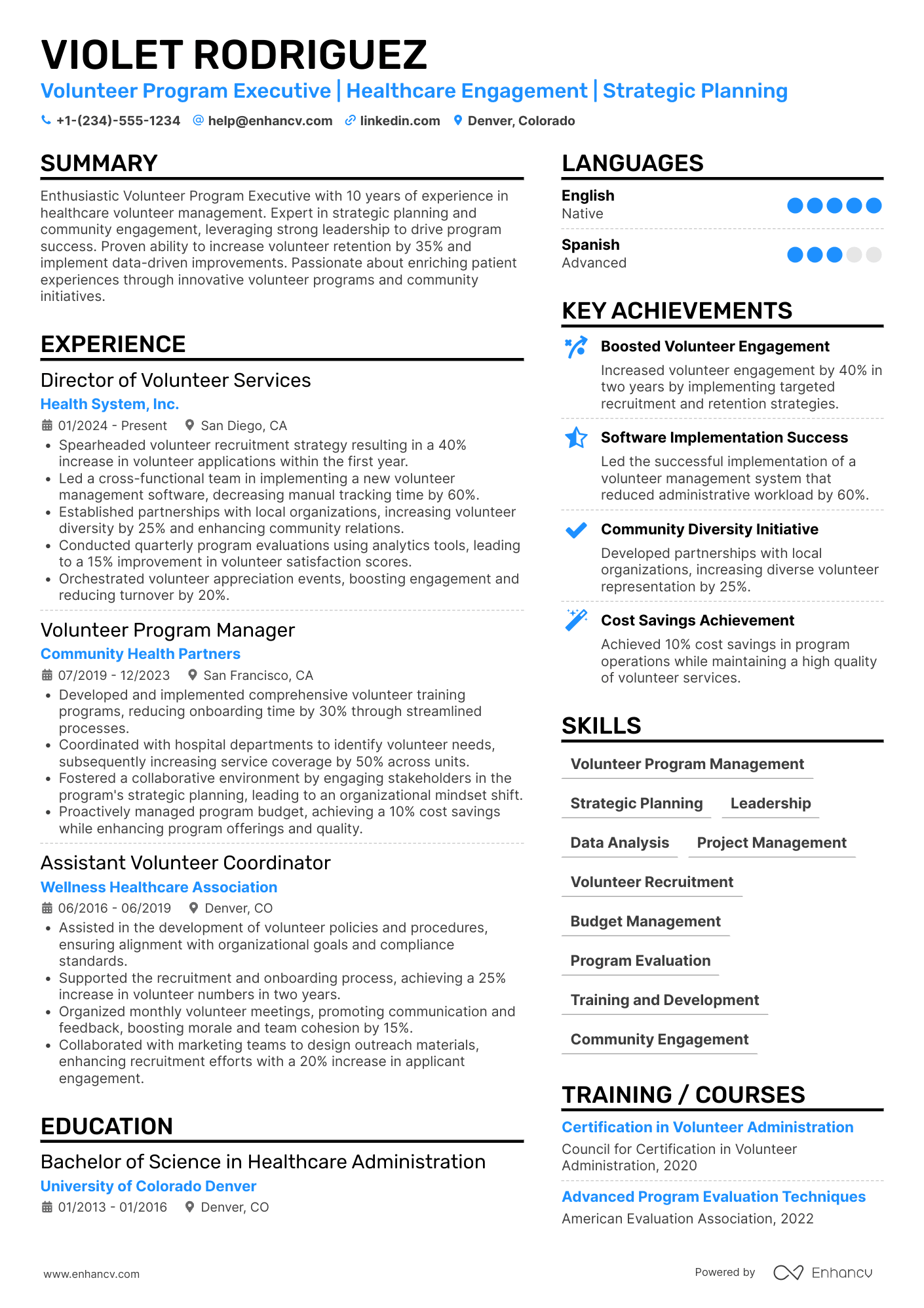 Hospital Volunteer Program Director Resume Example
