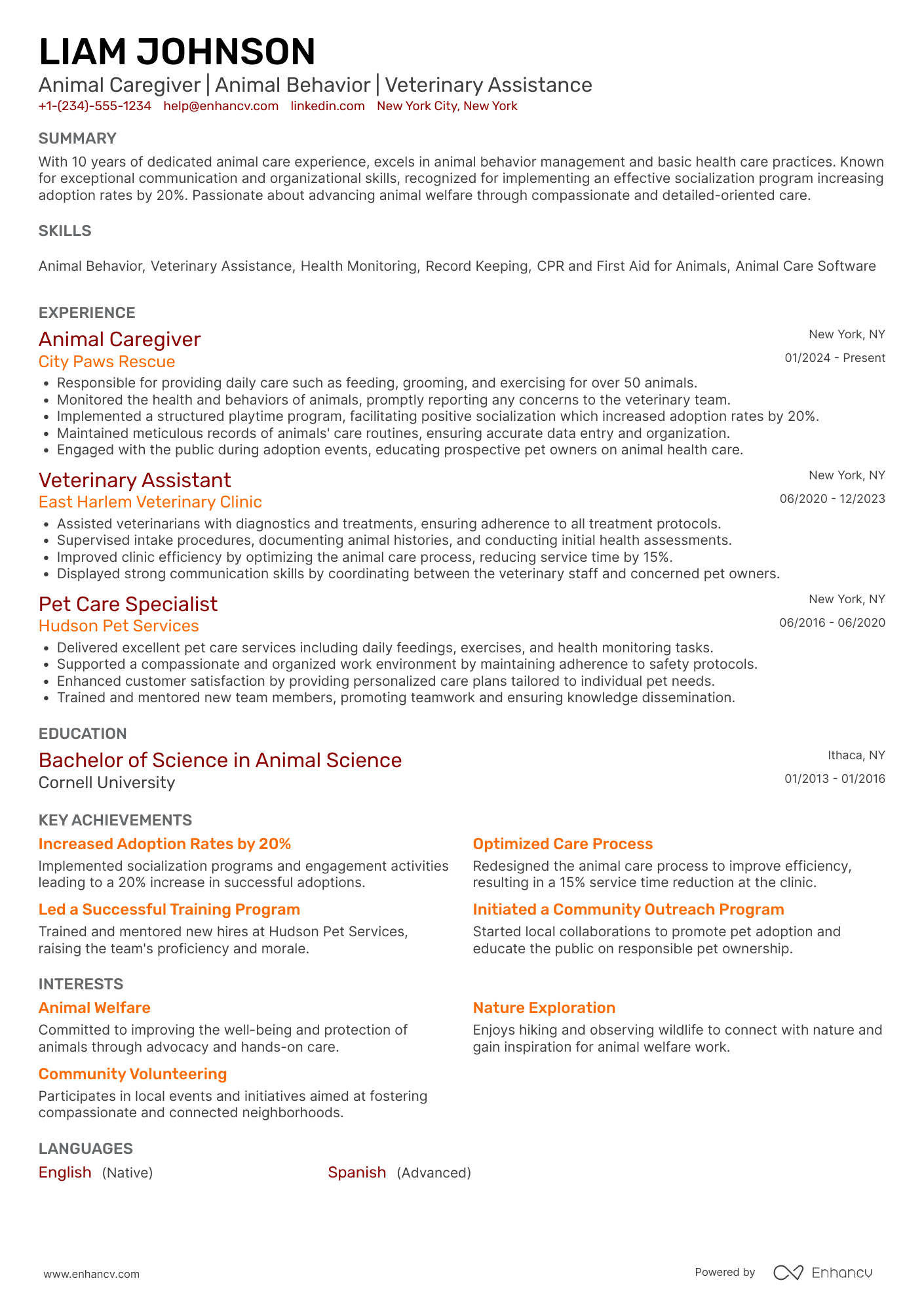 Animal Caregiver Resume Example
