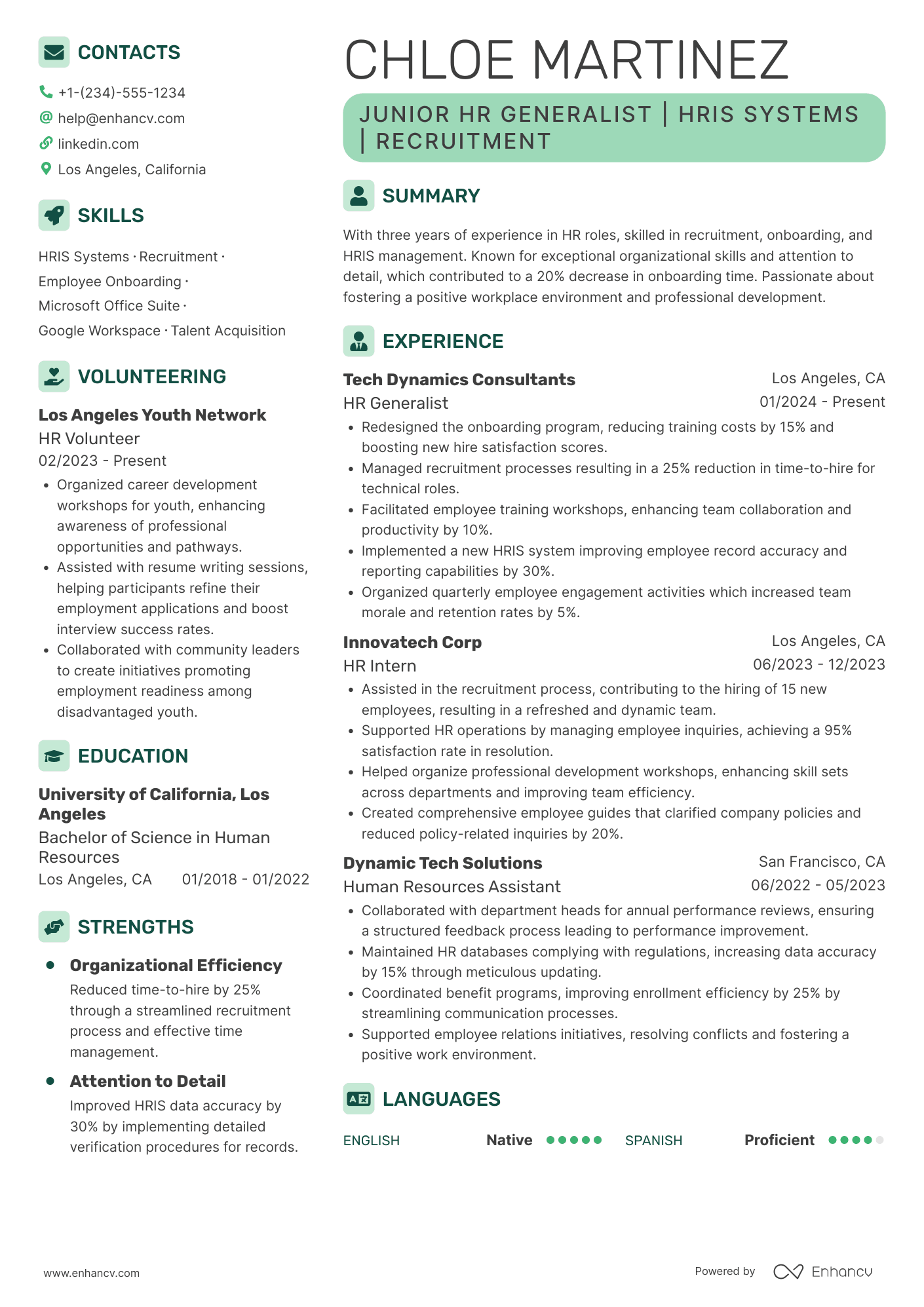 Junior HR Generalist Resume Example