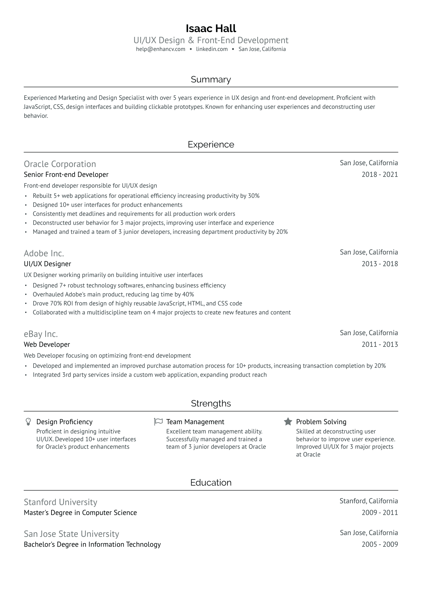 Front End UI Developer Resume Example