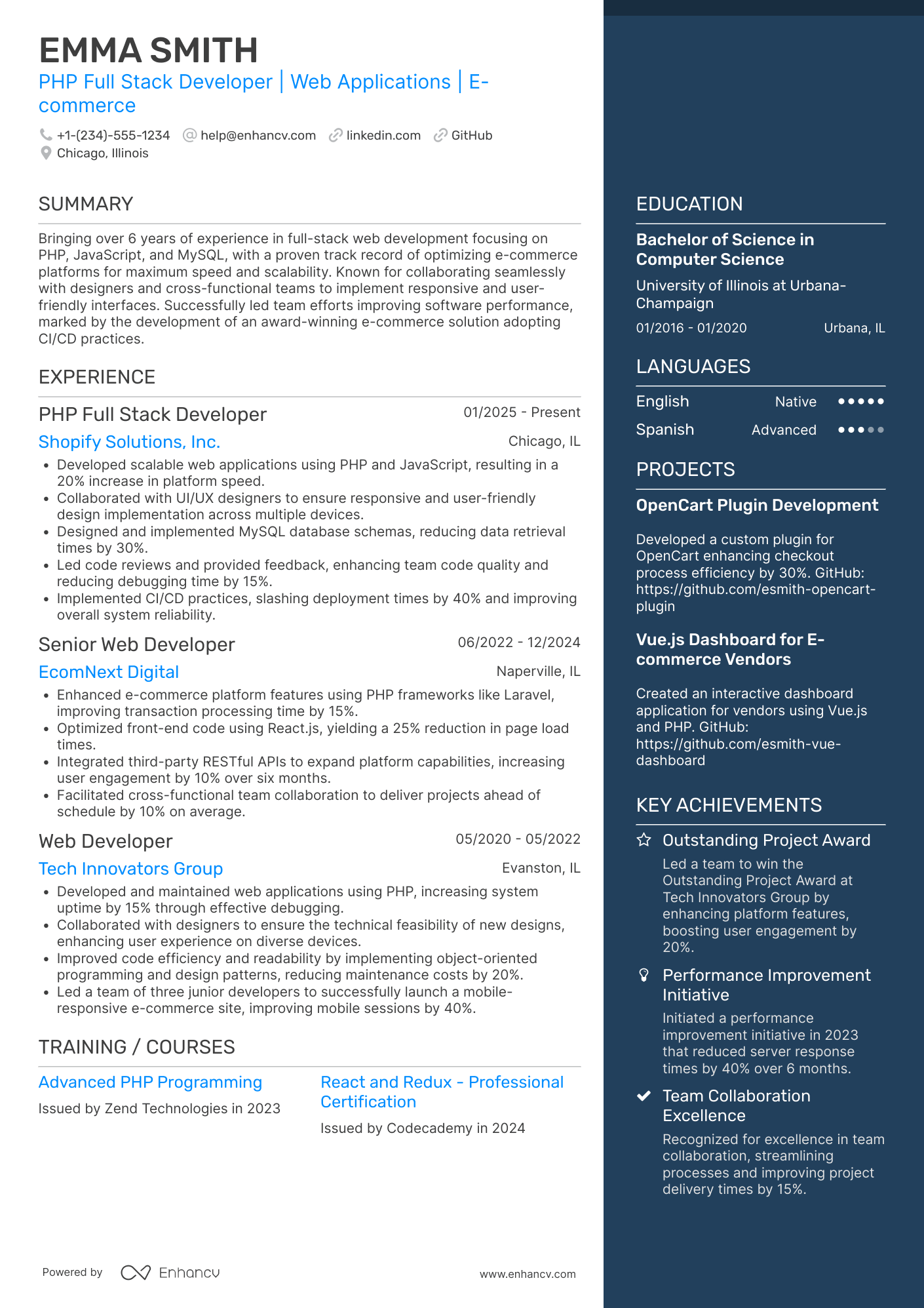 PhP Full Stack Developer Resume Example