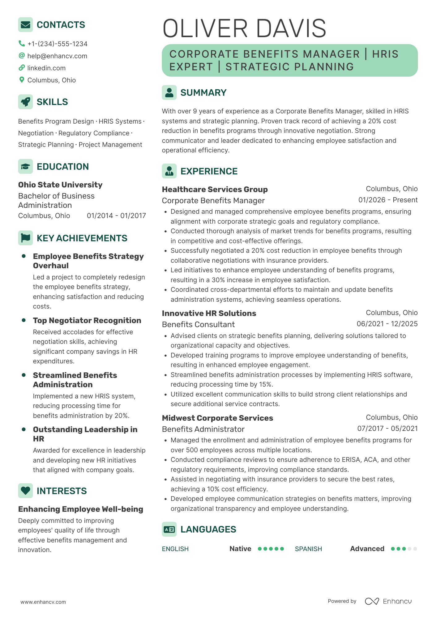 Corporate Benefits Manager Resume Example