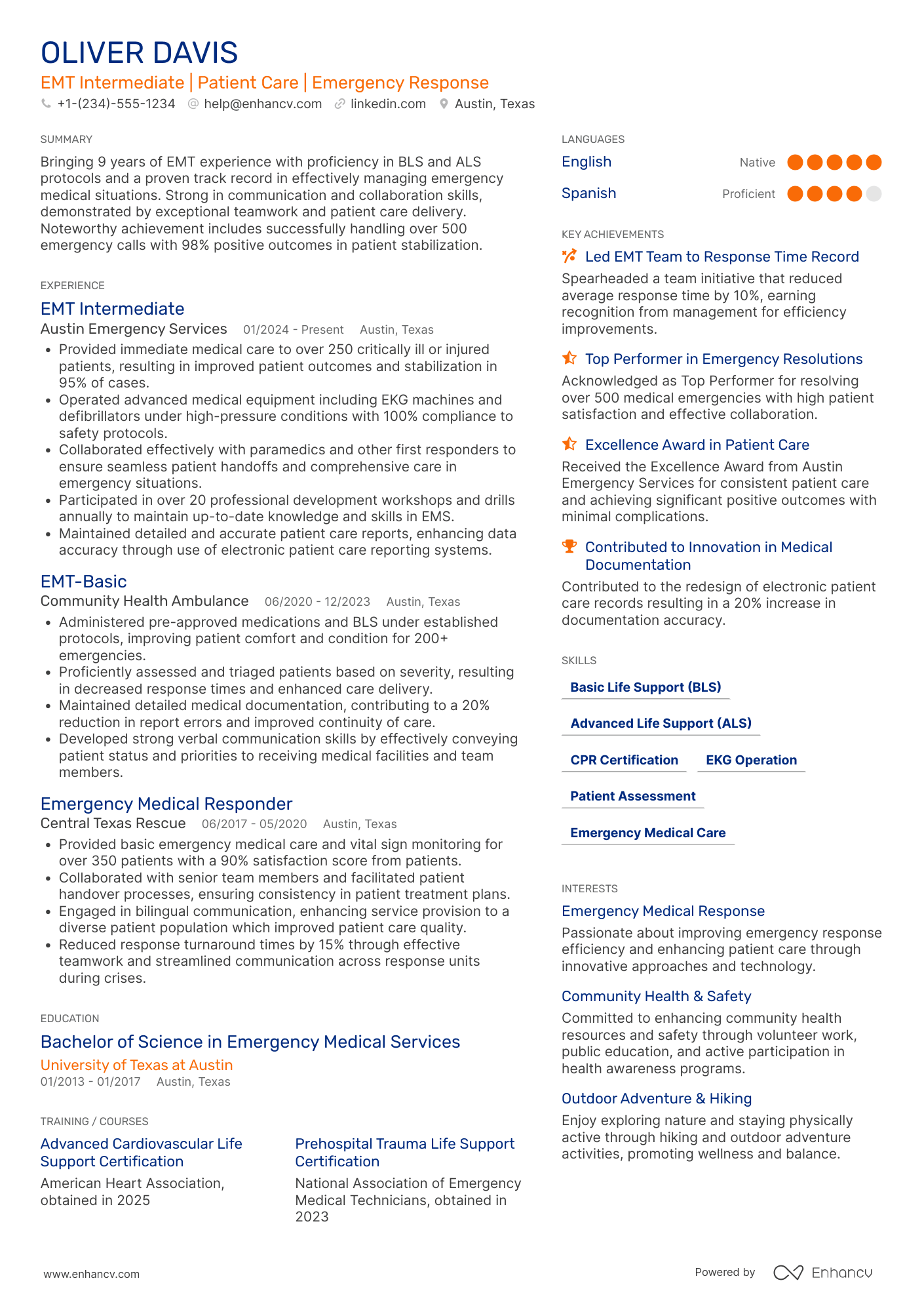 EMT Intermediate Resume Example