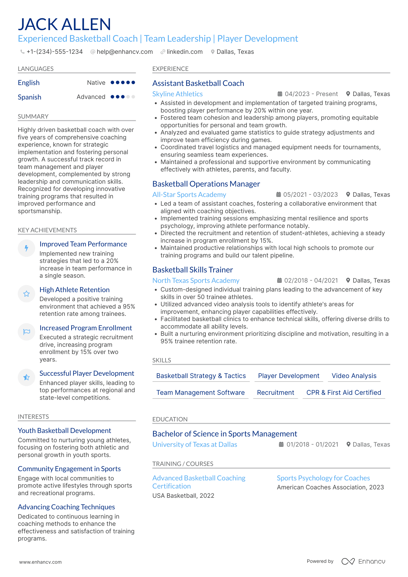 Head Basketball Coach Resume Example