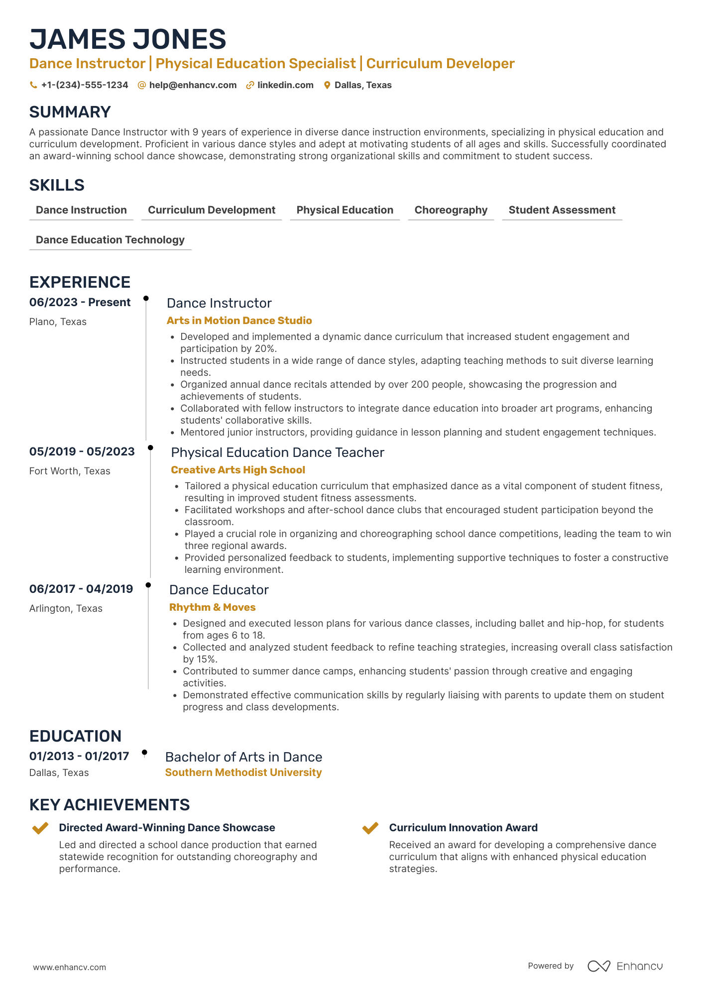 Physical Education Dance Teacher Resume Example