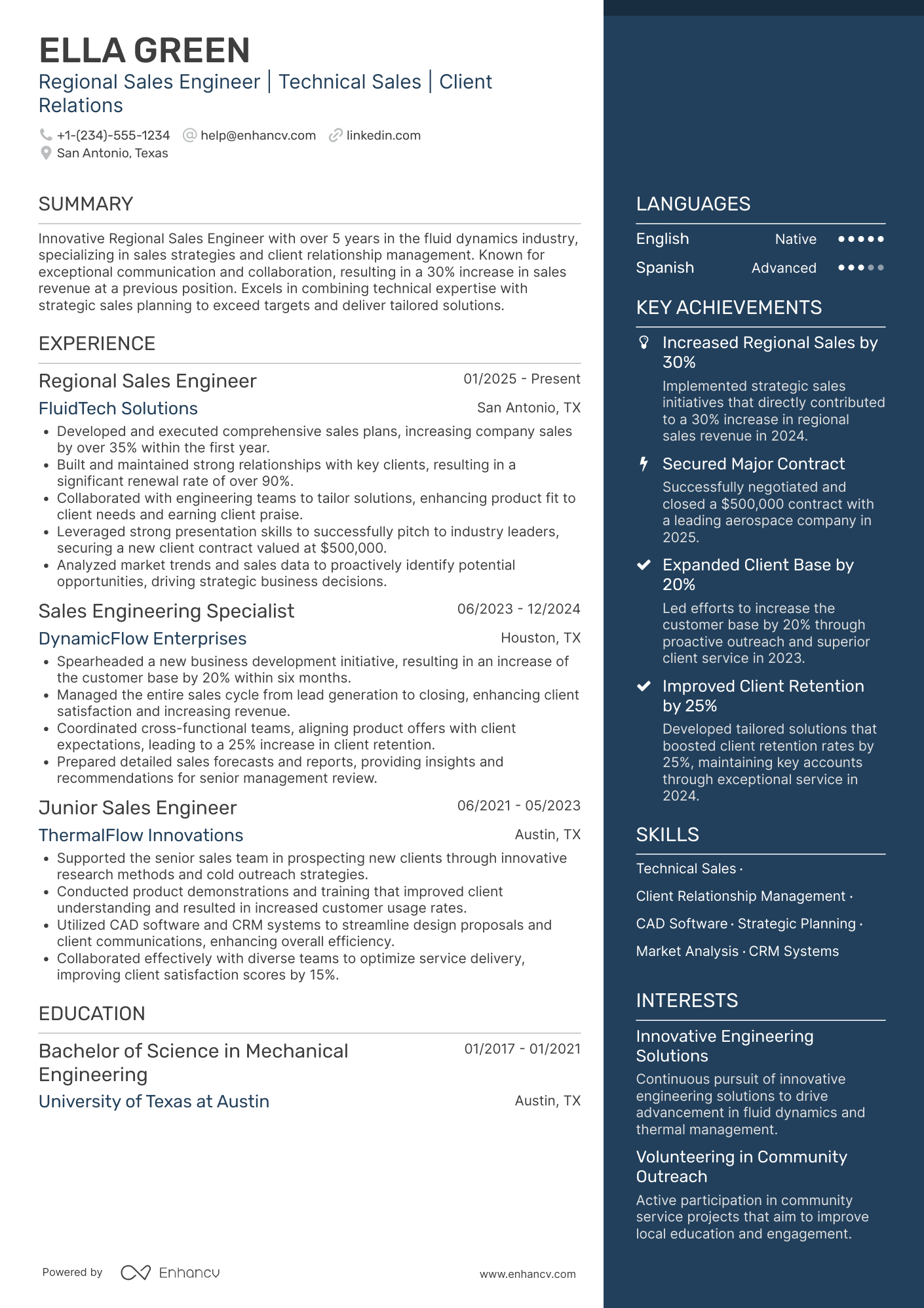 Regional Sales Engineer Resume Example