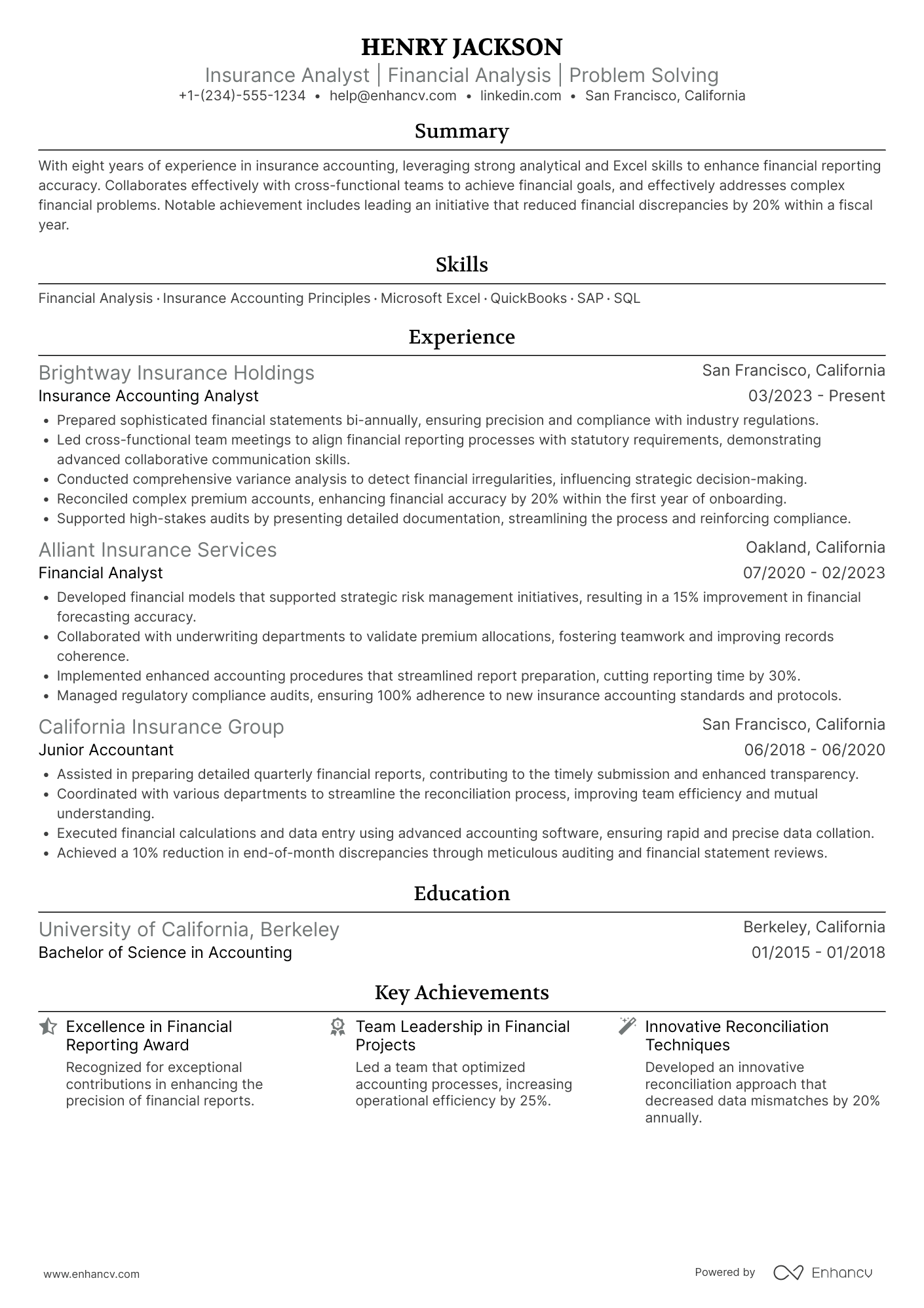 Insurance Accounting Analyst Resume Example