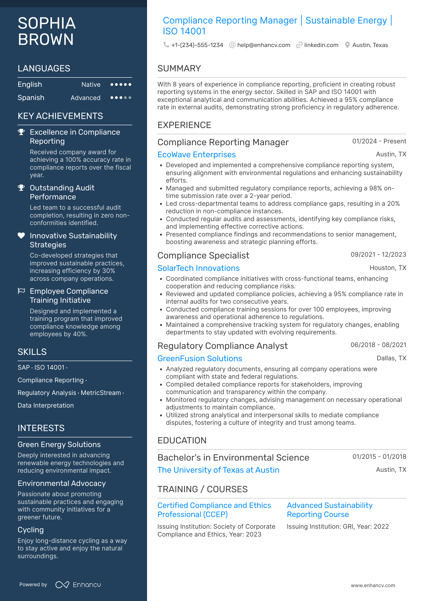 Compliance Reporting Manager Resume Example