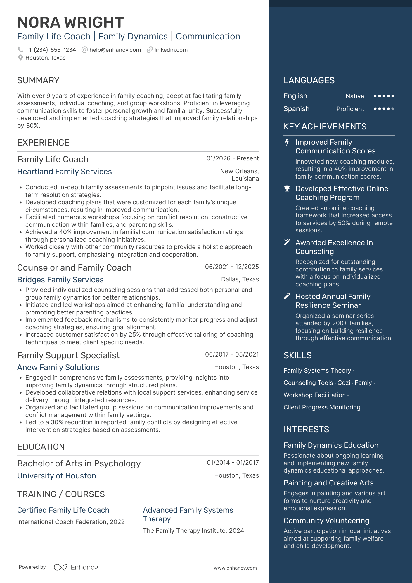 Family Life Coach Resume Example
