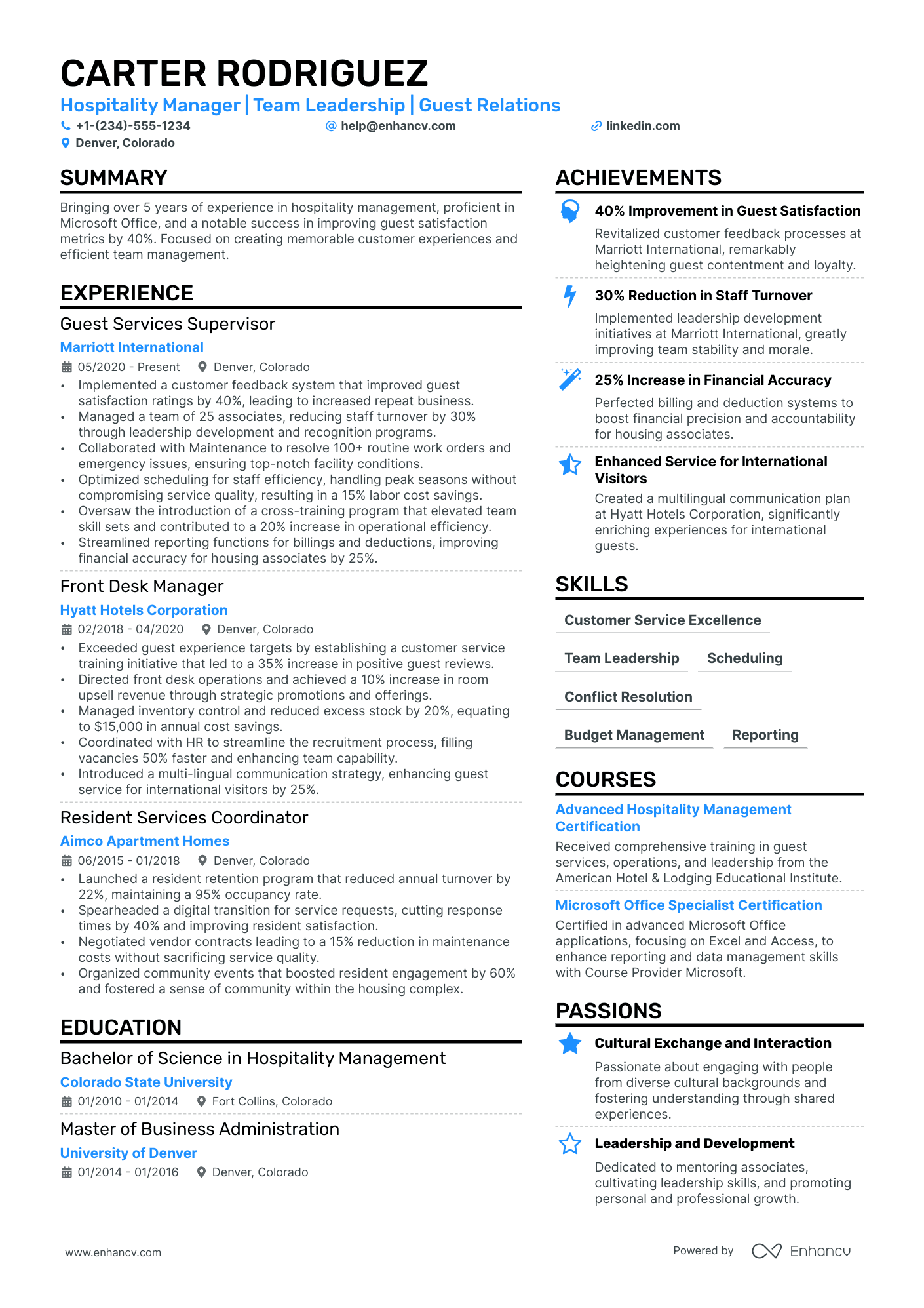 Front Desk Supervisor Resume Example