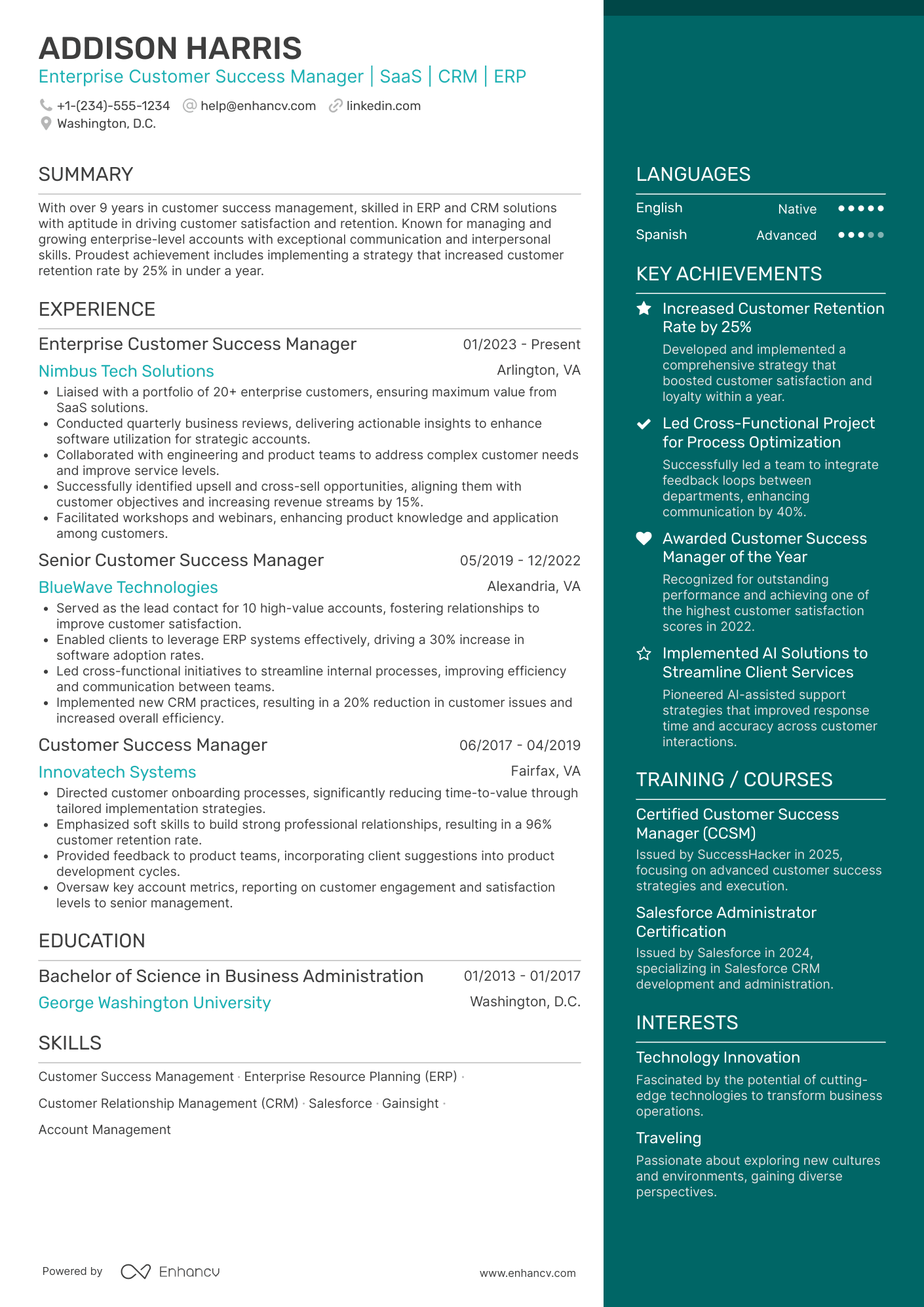Enterprise Customer Success Manager Resume Example