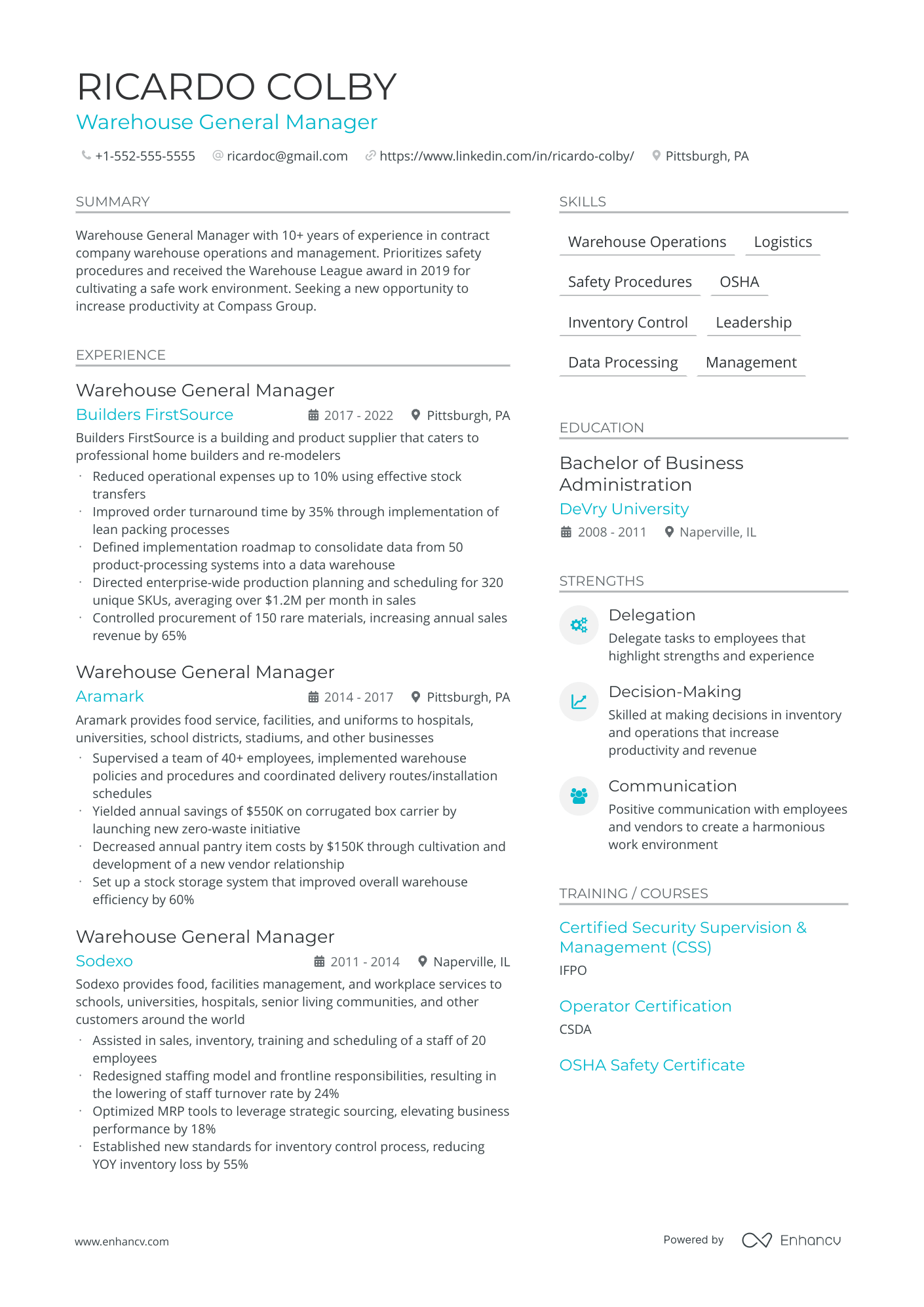 Warehouse General Manager Resume Example