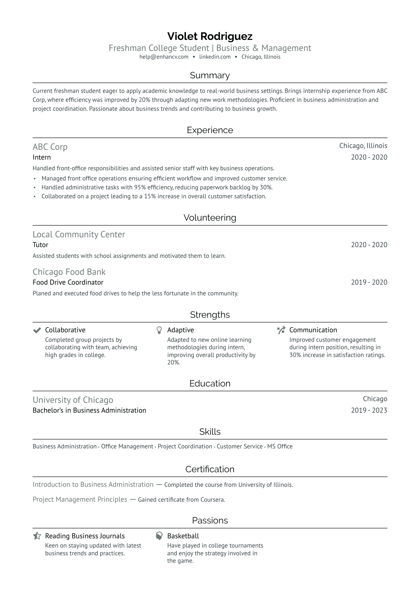 Freshman College Student Resume Example