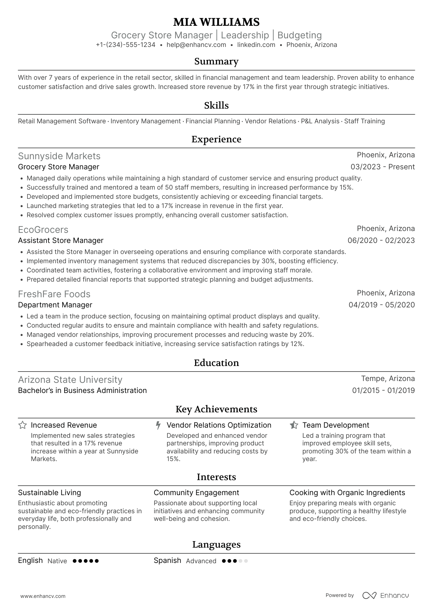 Grocery Store Manager Resume Example