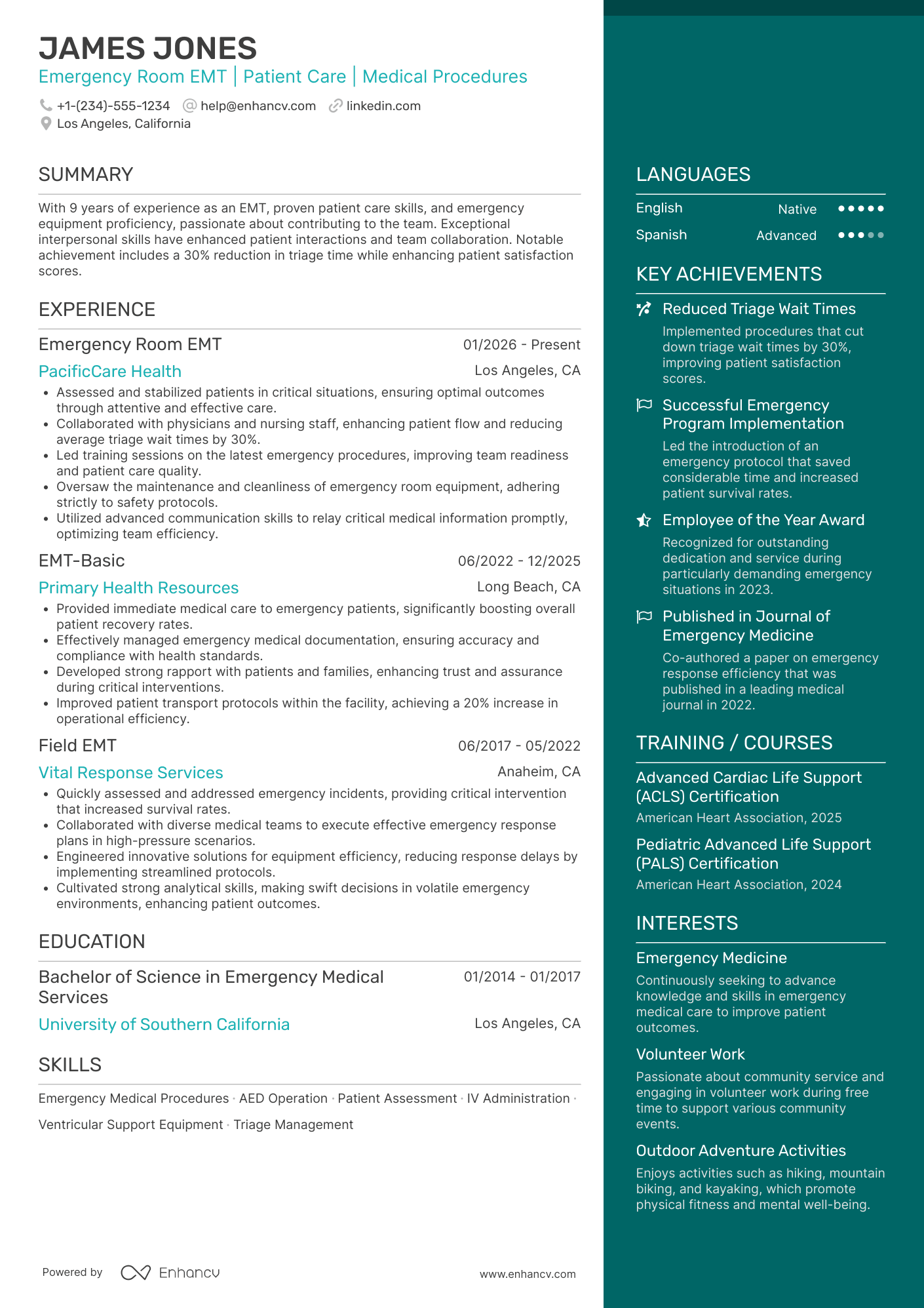 Emergency Room EMT Resume Example