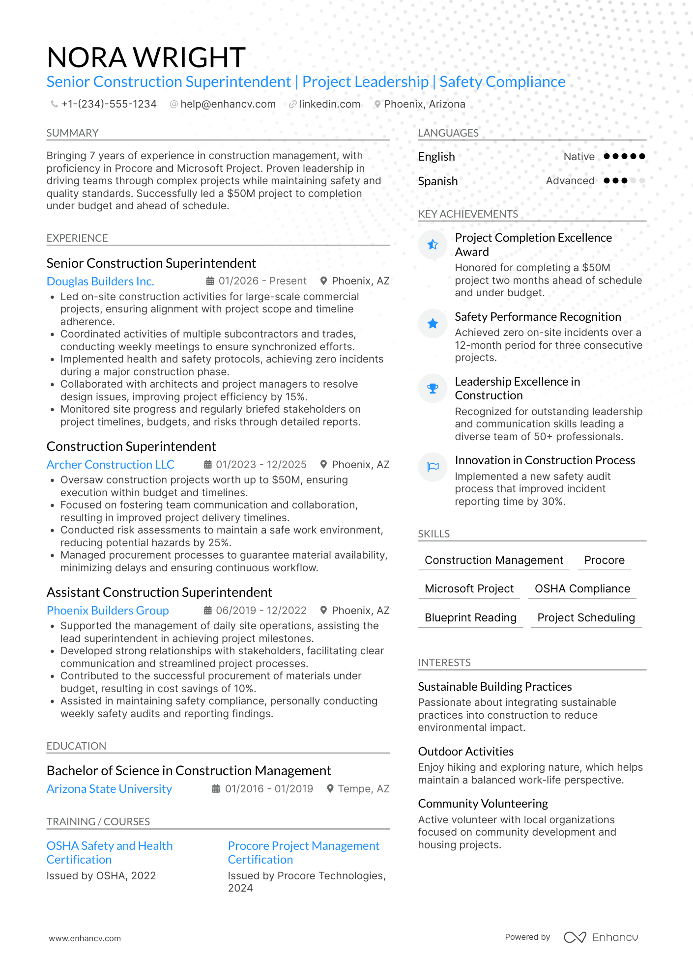 Senior Construction Superintendent Resume Example