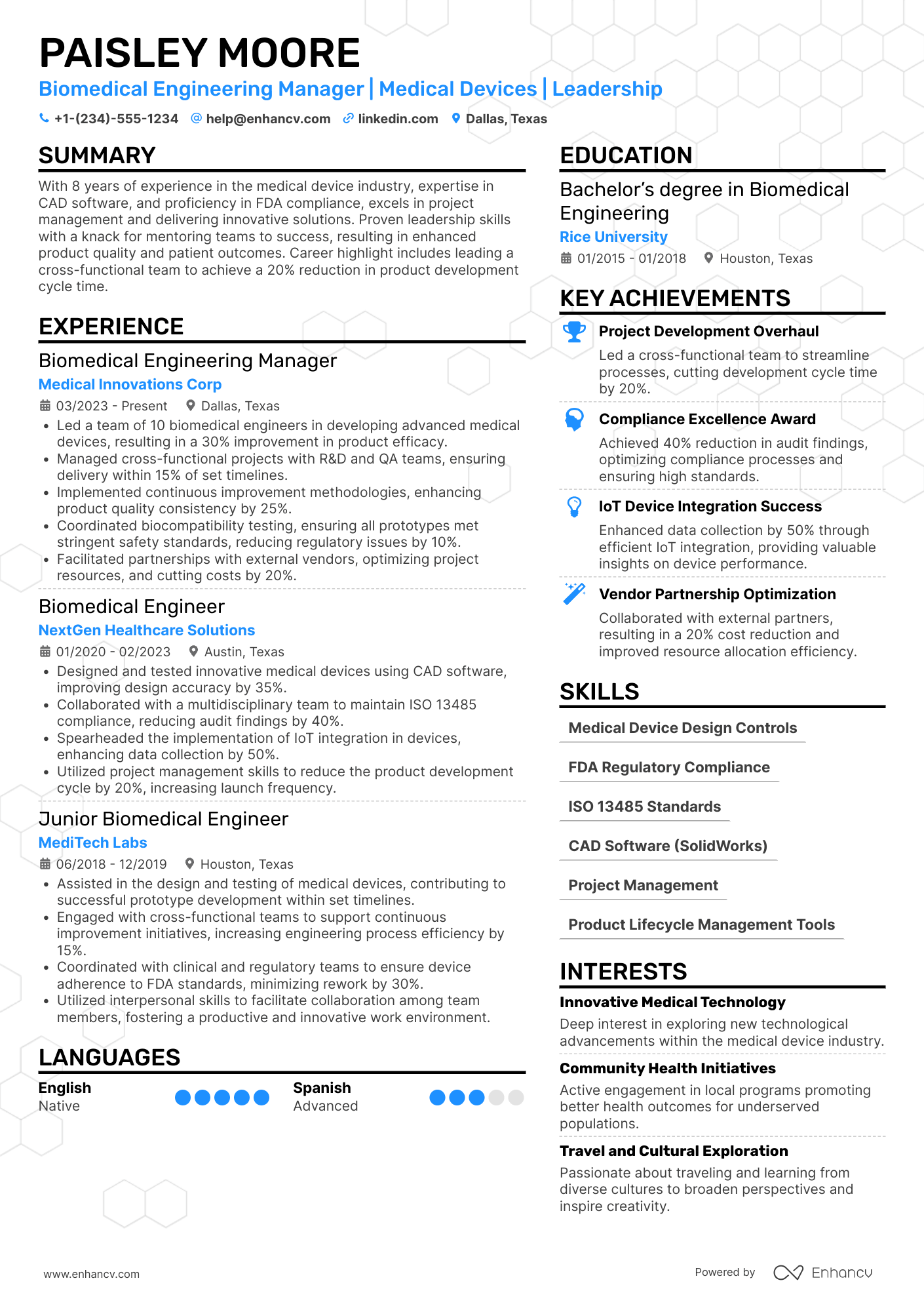 Biomedical Engineering Manager Resume Example