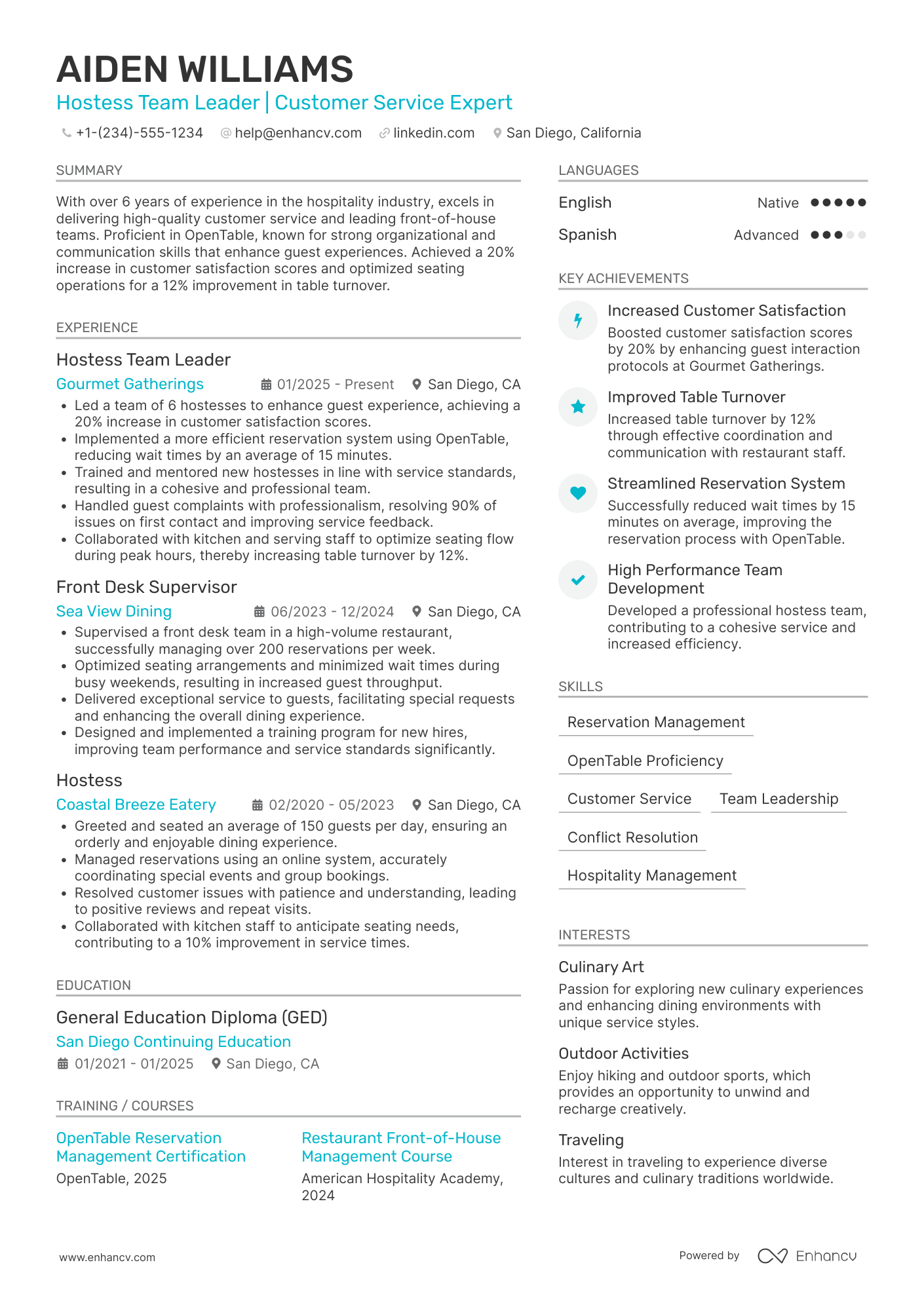 Hostess Team Leader Resume Example