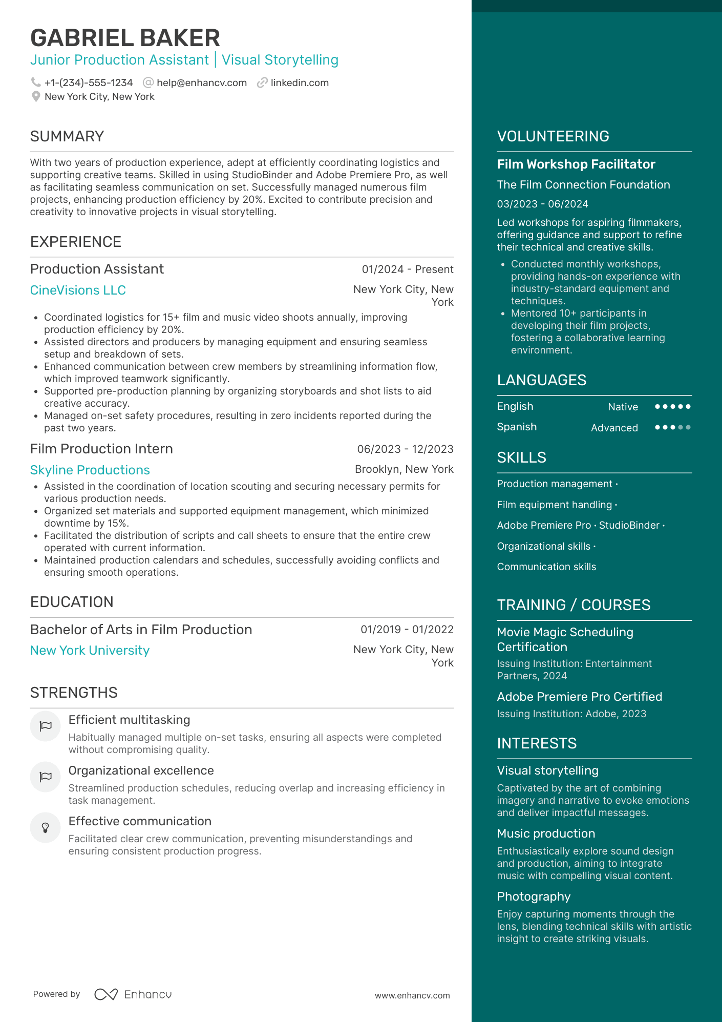 Music Video Production Assistant Resume Example