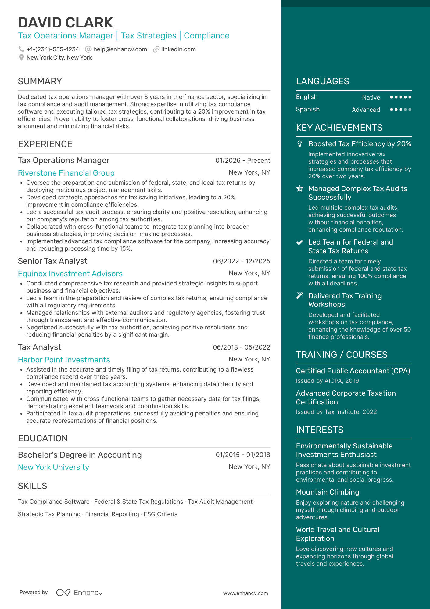 Tax Operations Manager Resume Example