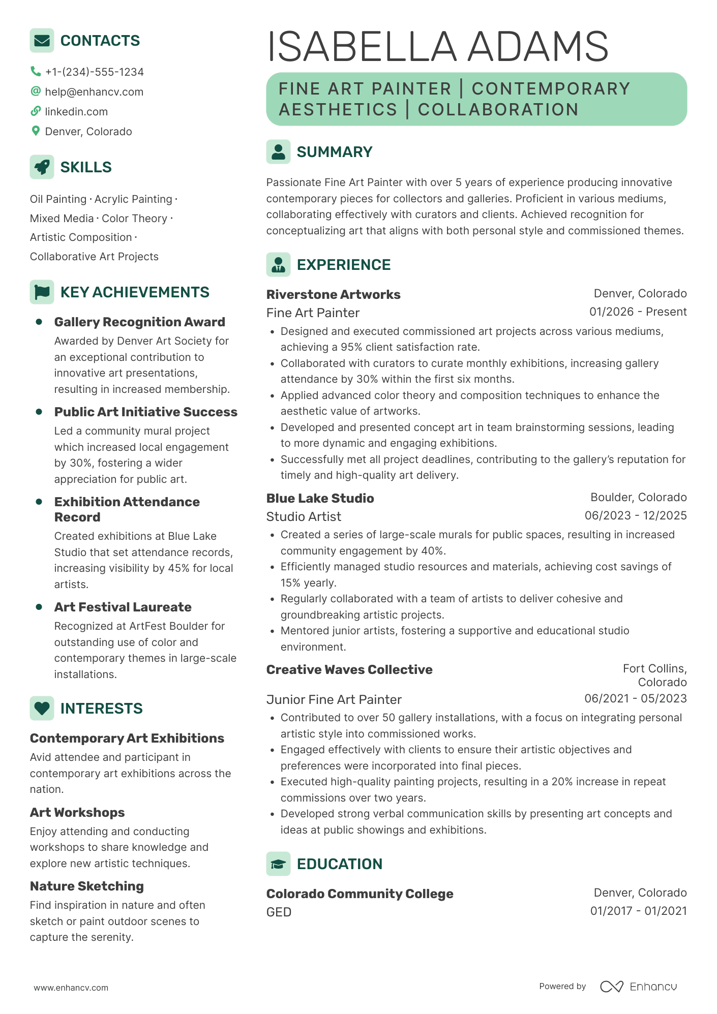 Fine Art Painter Resume Example