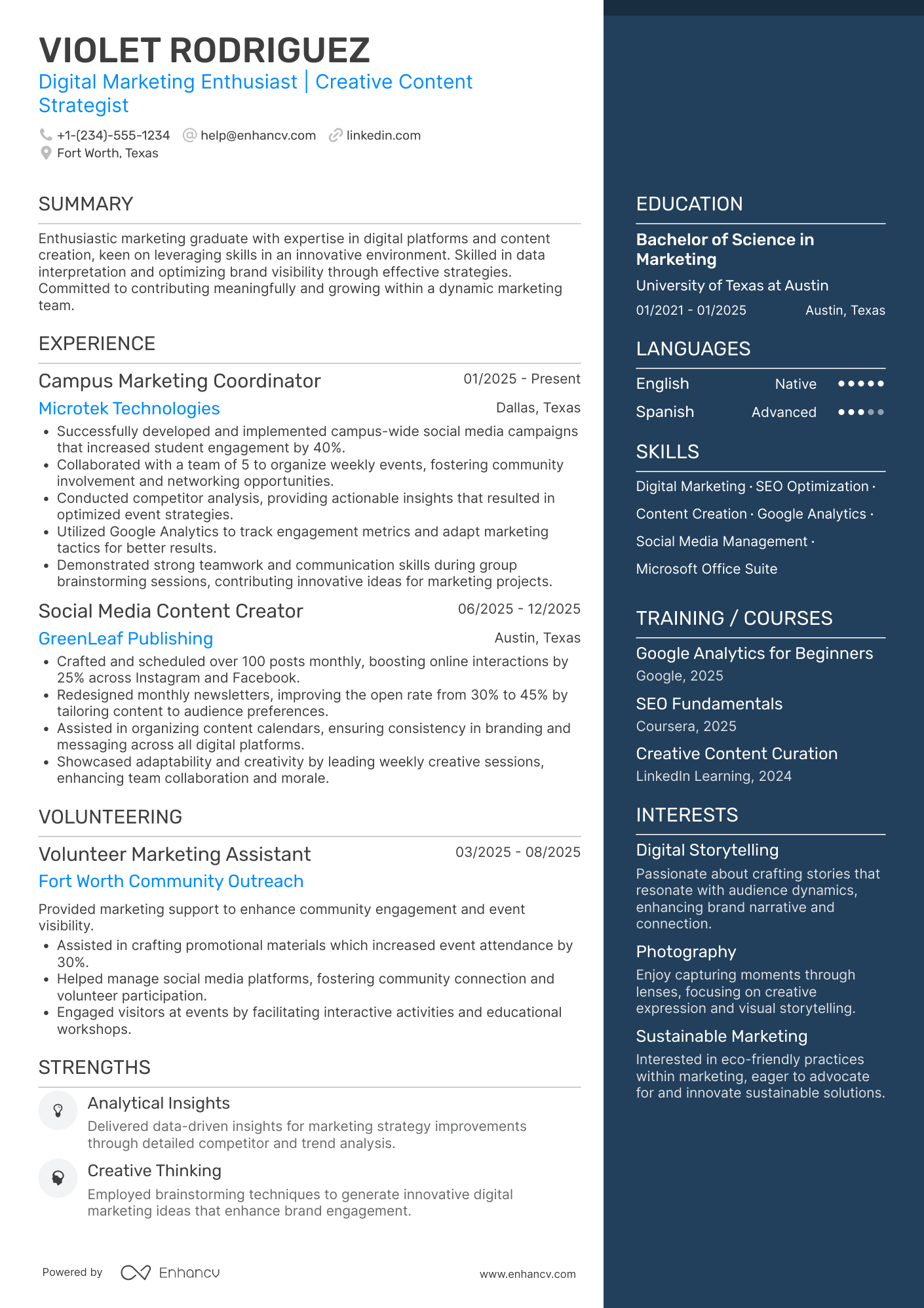 Graduate Marketing Intern Resume Example