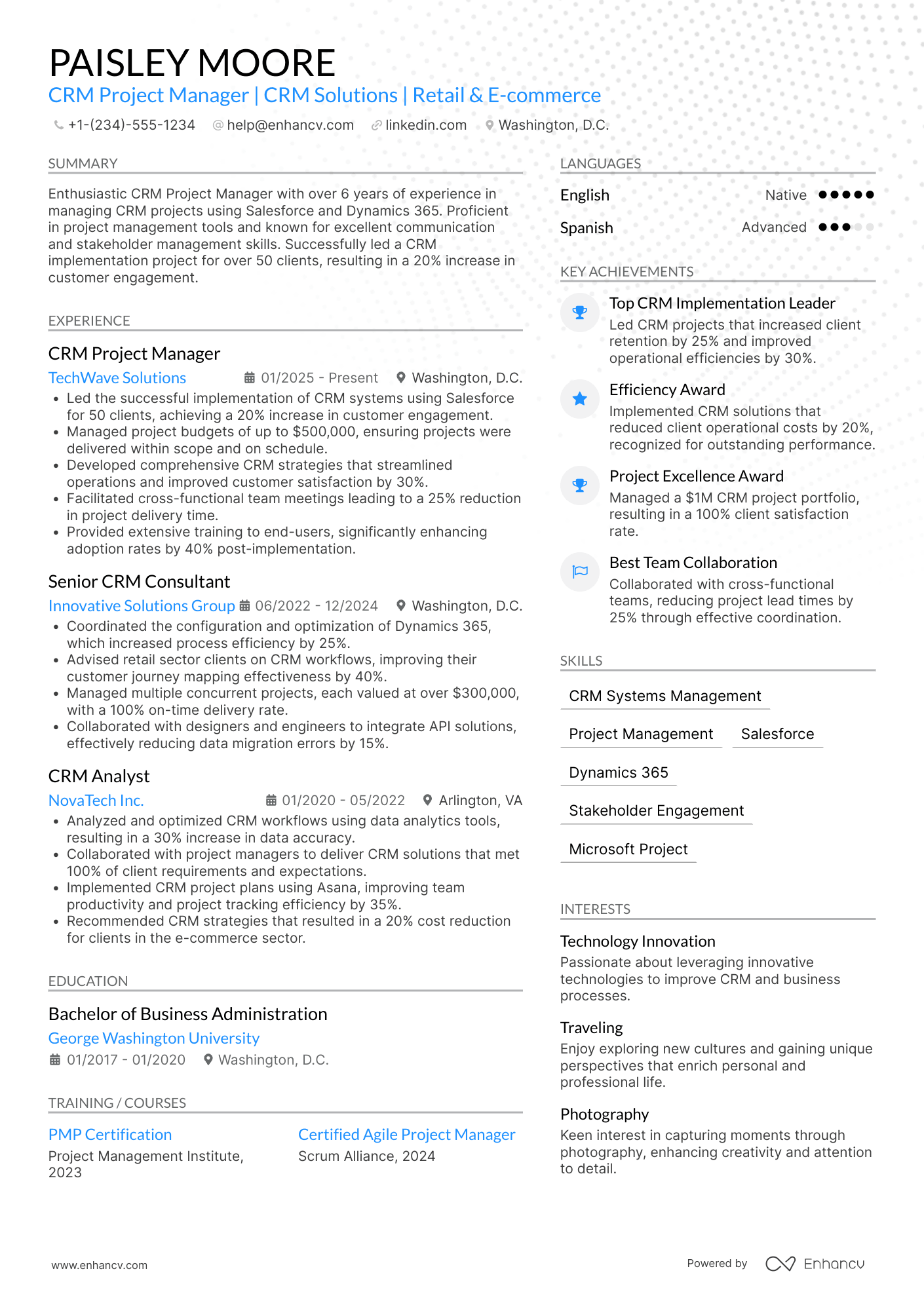 CRM Project Manager Resume Example