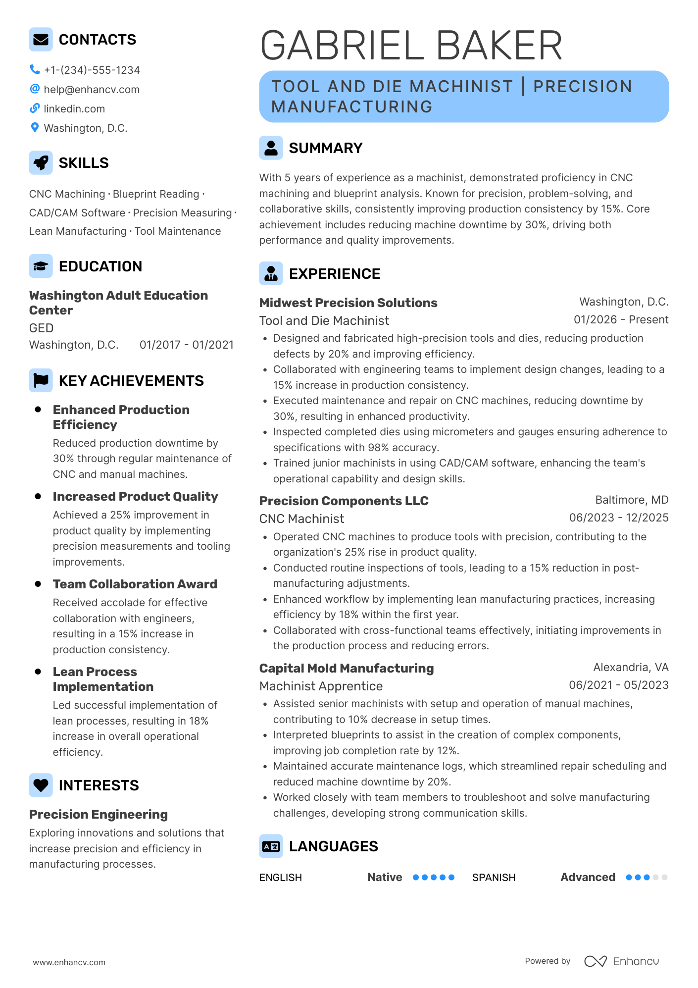 Tool and Die Machinist Resume Example