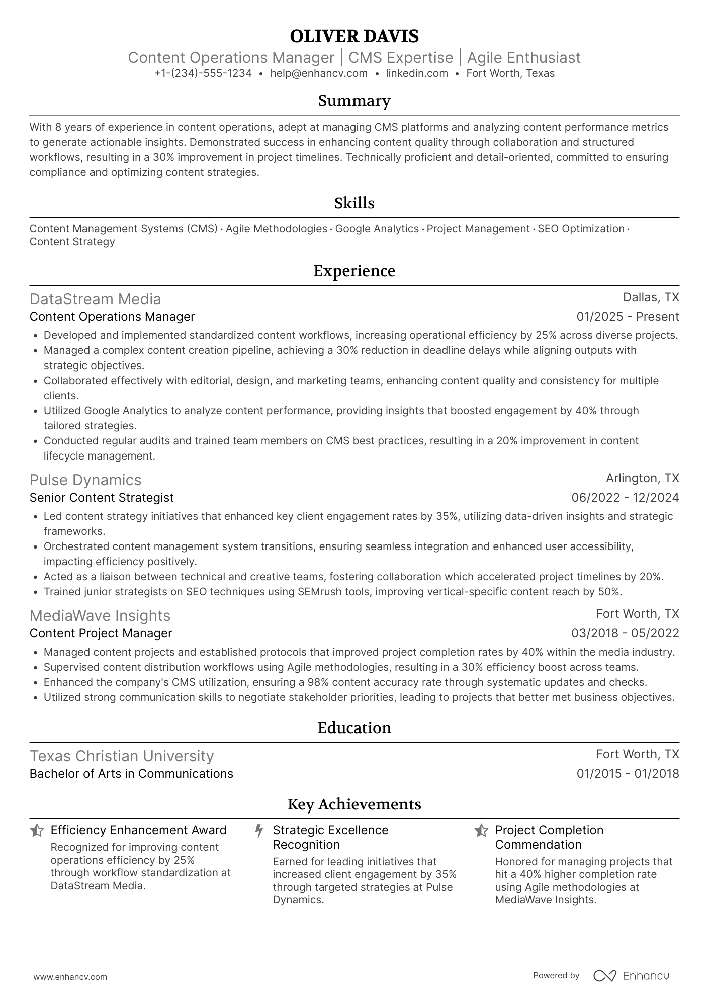 Content Operations Manager Resume Example