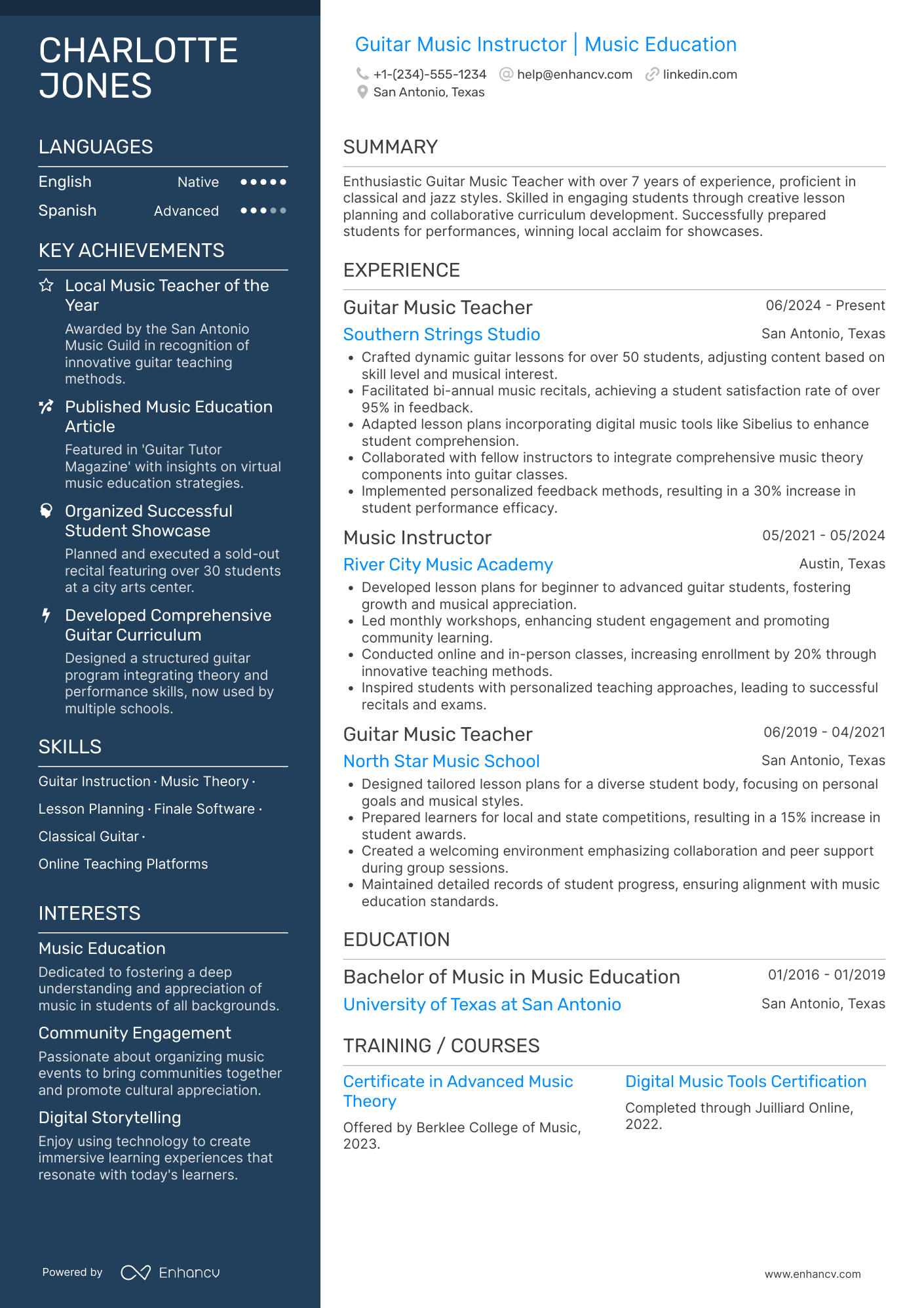 Guitar Music Teacher Resume Example
