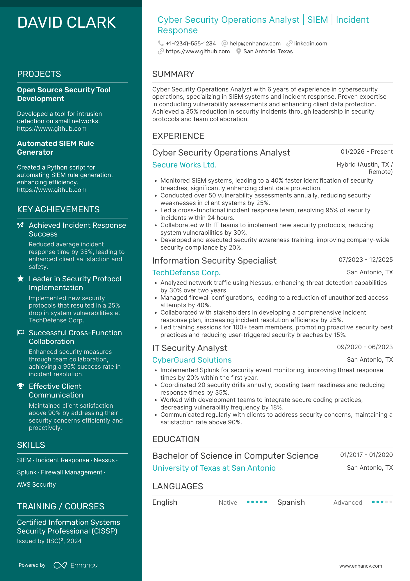 Cyber Security Operations Analyst Resume Example