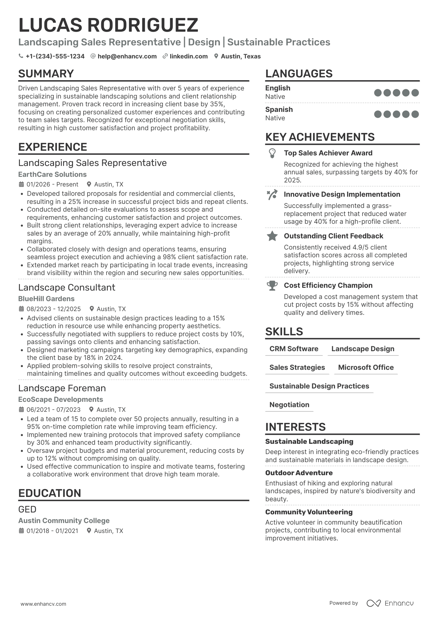 Landscaping Sales Representative Resume Example