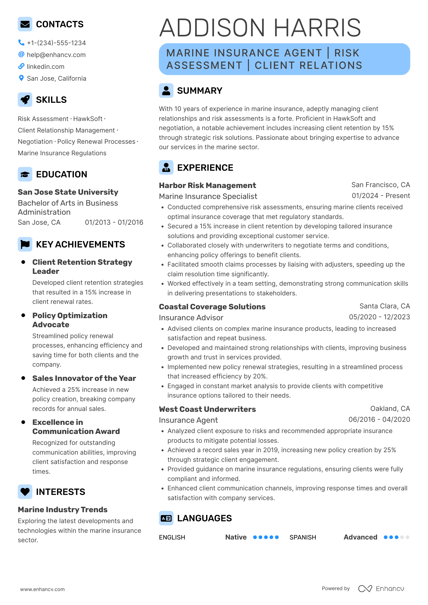 Marine Insurance Agent Resume Example
