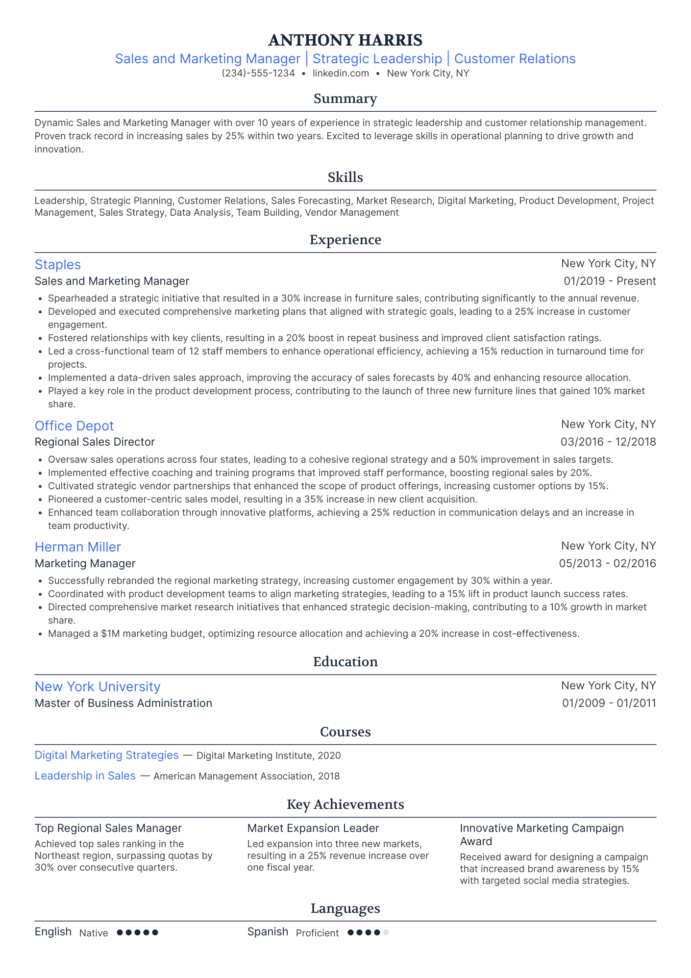 Sales and Marketing Manager Resume Example